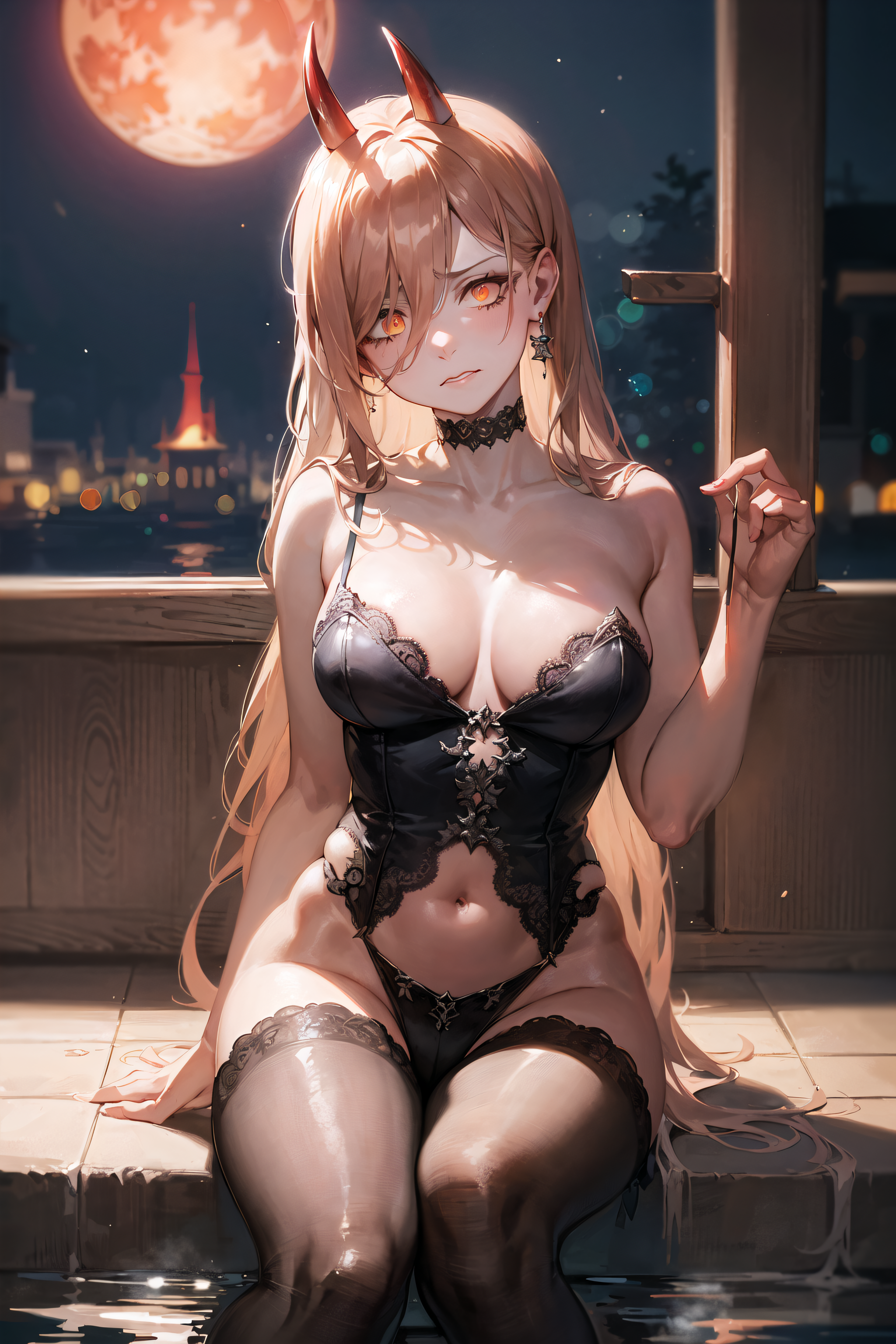 1girls, ai generated, bangs, bare shoulders, black choker, black thighhighs, blonde hair, blush, breasts, chainsaw man, choker, cleavage, closed mouth, collarbone, cross-shaped pupils, demon horns, earrings, female, female only, full moon, hair between eyes, head tilt, highleg, highres, horns, jewelry, large breasts, lingerie, long hair, looking at viewer, medium breasts, moon, navel, night, ninerniner, orange eyes, panties, pool, power (chainsaw man), red horns, sitting, solo, stable diffusion, symbol-shaped pupils, thighhighs, thighs, town, underwear, very long hair, wardrobe malfunction, water