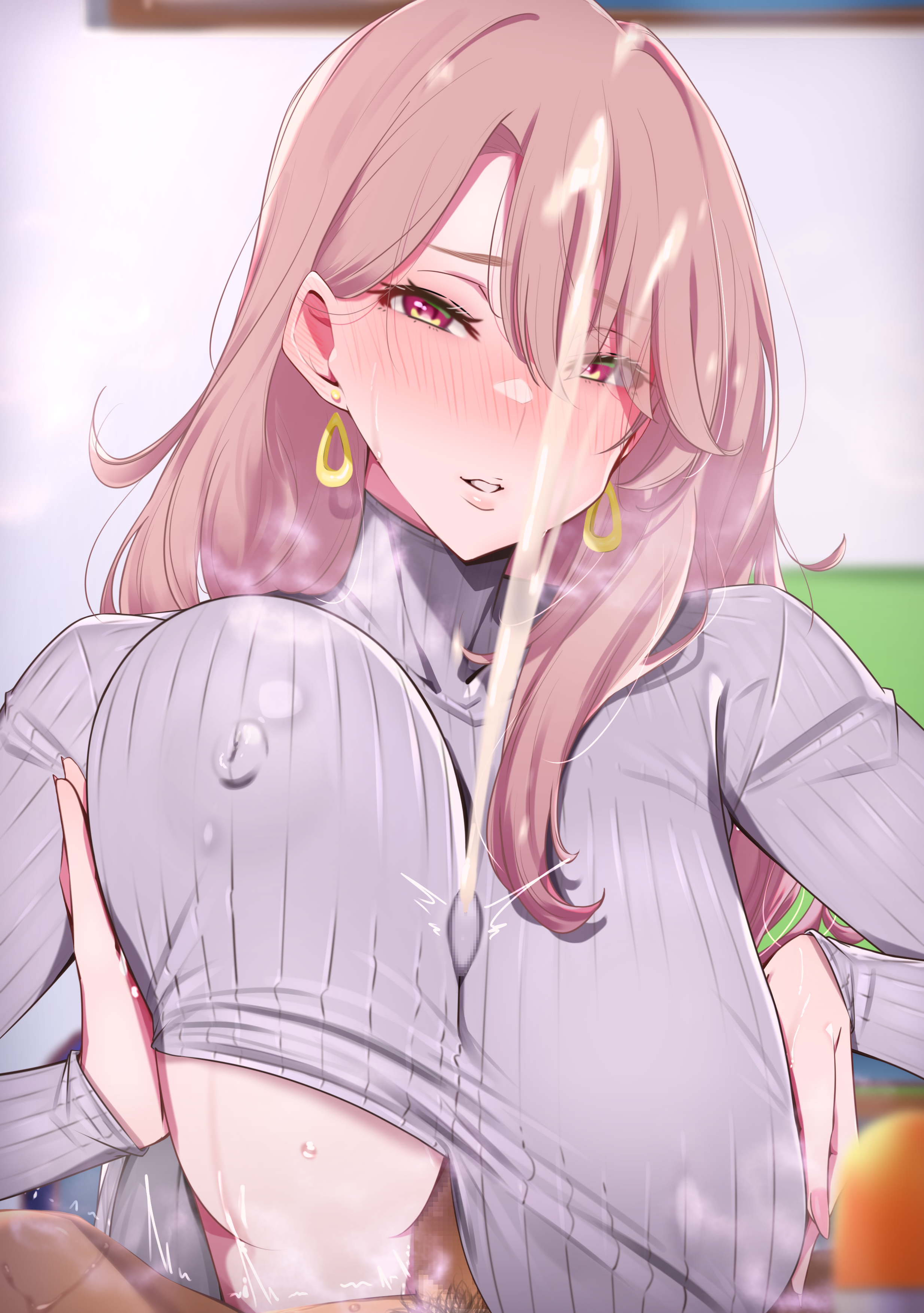 1boy, absurdres, andou you, breasts, breasts squeezed together, brown eyes, brown hair, censored, cum, cum through clothes, earrings, ejaculation, ejaculation under clothes, female, highres, jewelry, large breasts, looking at viewer, male, male pubic hair, mature female, mosaic censoring, oshi no ko, paizuri, paizuri under clothes, parted lips, penis, pink nails, pov, pov crotch, projectile cum, pubic hair, saitou miyako, straight, sweater, tongue, turtleneck, turtleneck sweater, twitching penis