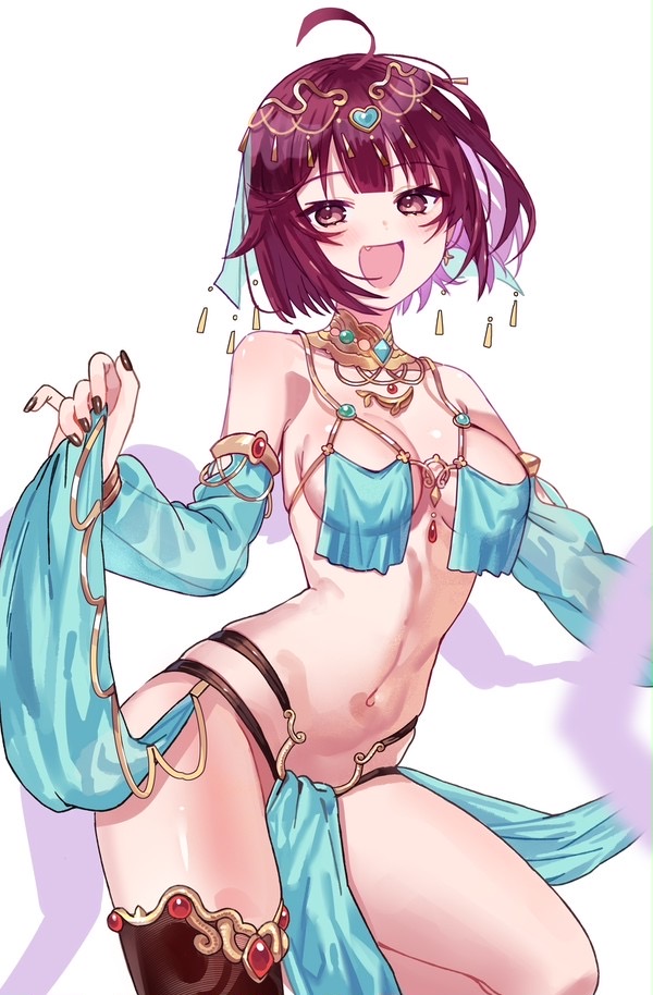 atelier_(series) belly_dancer belly_dancer_outfit belly_dancing blush breast_curtains collar dancer dancer_outfit dancing harem_girl harem_outfit jewelry large_breasts looking_at_viewer nail_polish navel no_panties pelvic_curtain ryuuno6 seductive seductive_smile short_hair sophie_neuenmuller