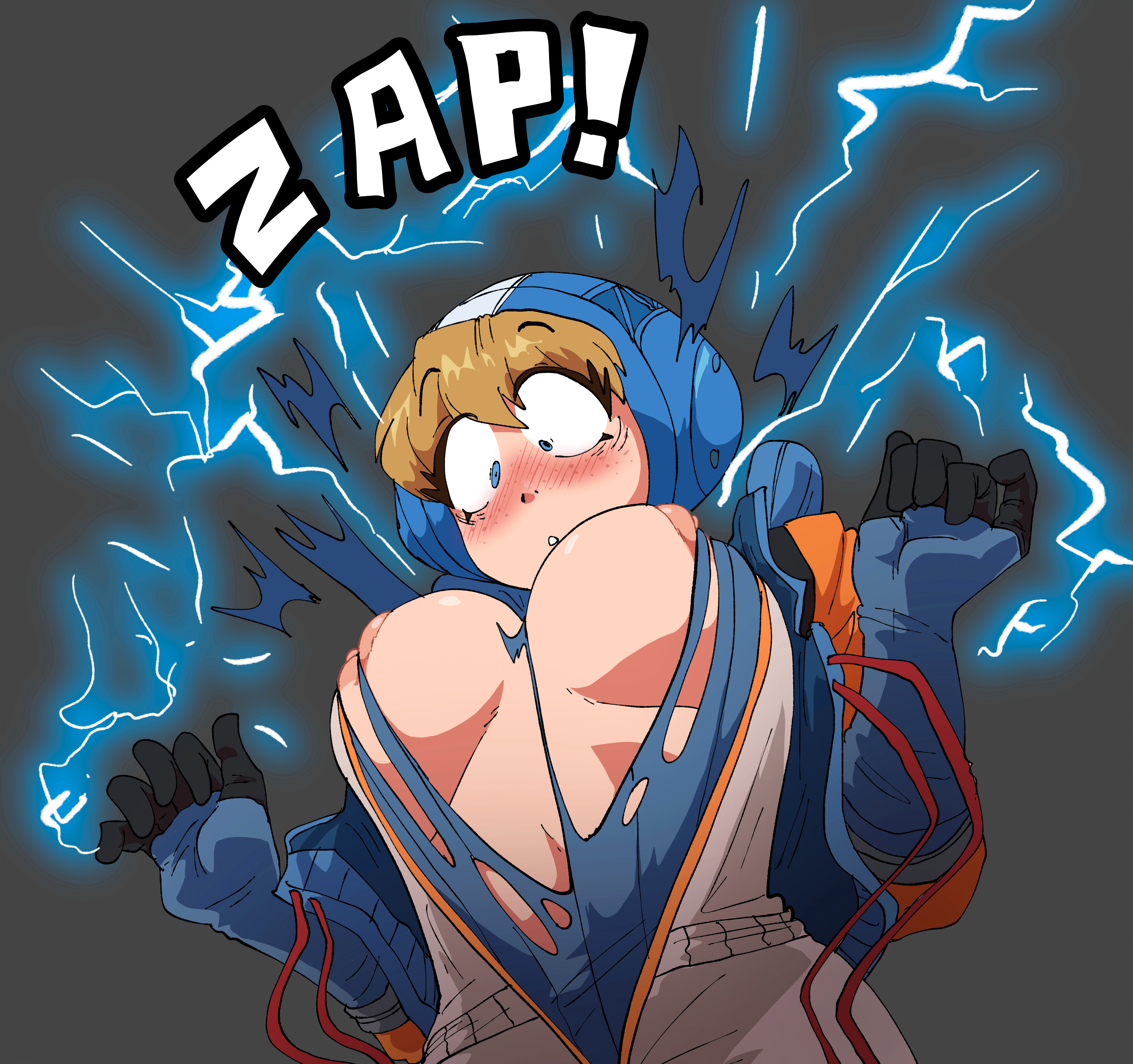 apex legends, big breasts, blue eyes, blush, blush lines, breast expansion, breast growth, breast growth (enlargement), breast squeeze, breast squish, breasts, breasts out, coolerinker, eyebrows visible through hair, female, inker comics, inkershike, nipples, simple background, tight clothing, wardrobe malfunction, wattson (apex legends), yellow eyes