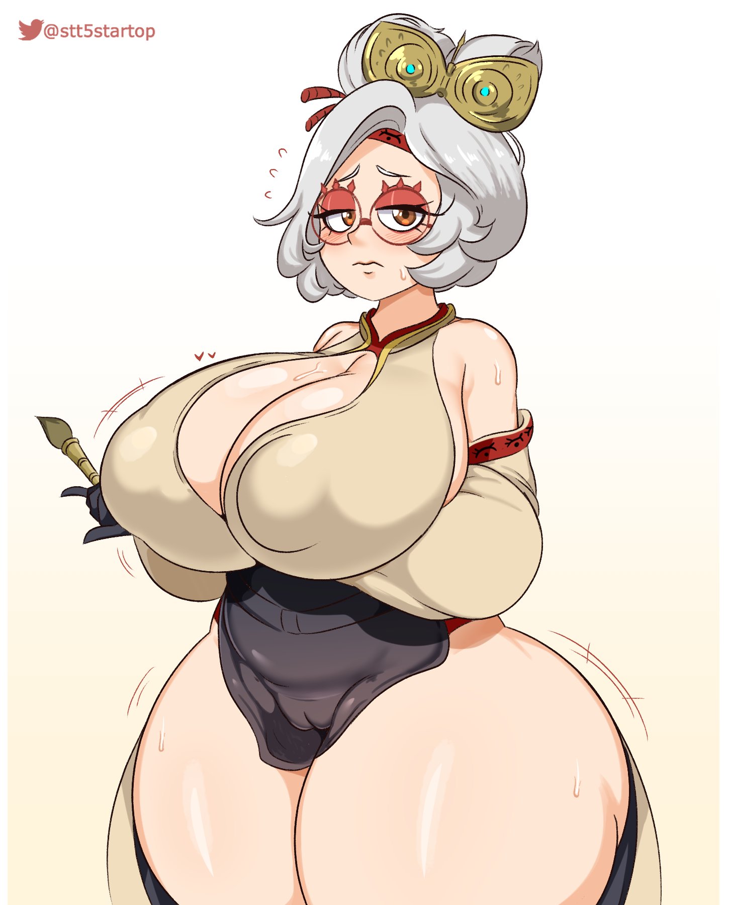 1girls, blush, breasts, female, glasses, huge breasts, large breasts, light skin, light-skinned female, nintendo, purah, purah (tears of the kingdom), red eyes, startop, tears of the kingdom, the legend of zelda, thick thighs, white hair, wide hips