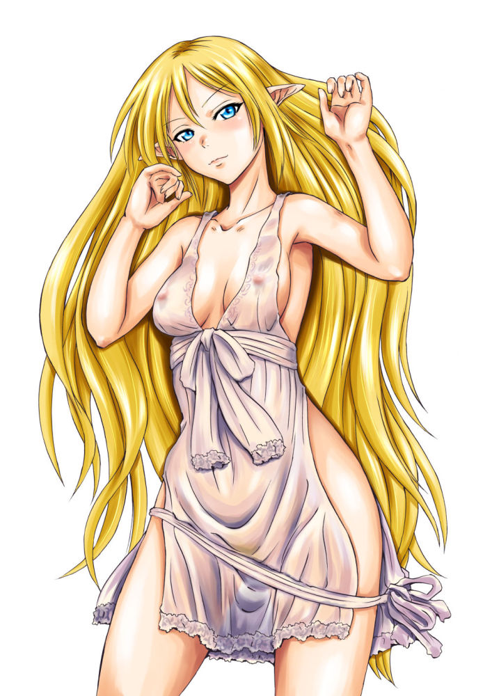 1girls armpits blonde_hair blonde_pubic_hair blue_eyes blush cleavage elf elf_ears female female_only female_pubic_hair frills gate_-_jieitai_ka_no_chi_nite_kaku_tatakaeri hips nipples no_bra no_panties official_art pointy_ears sao_satoru see-through_dress simple_background small_breasts smile solo tuka_luna_marceau wet_clothes wet_dress white_background white_dress