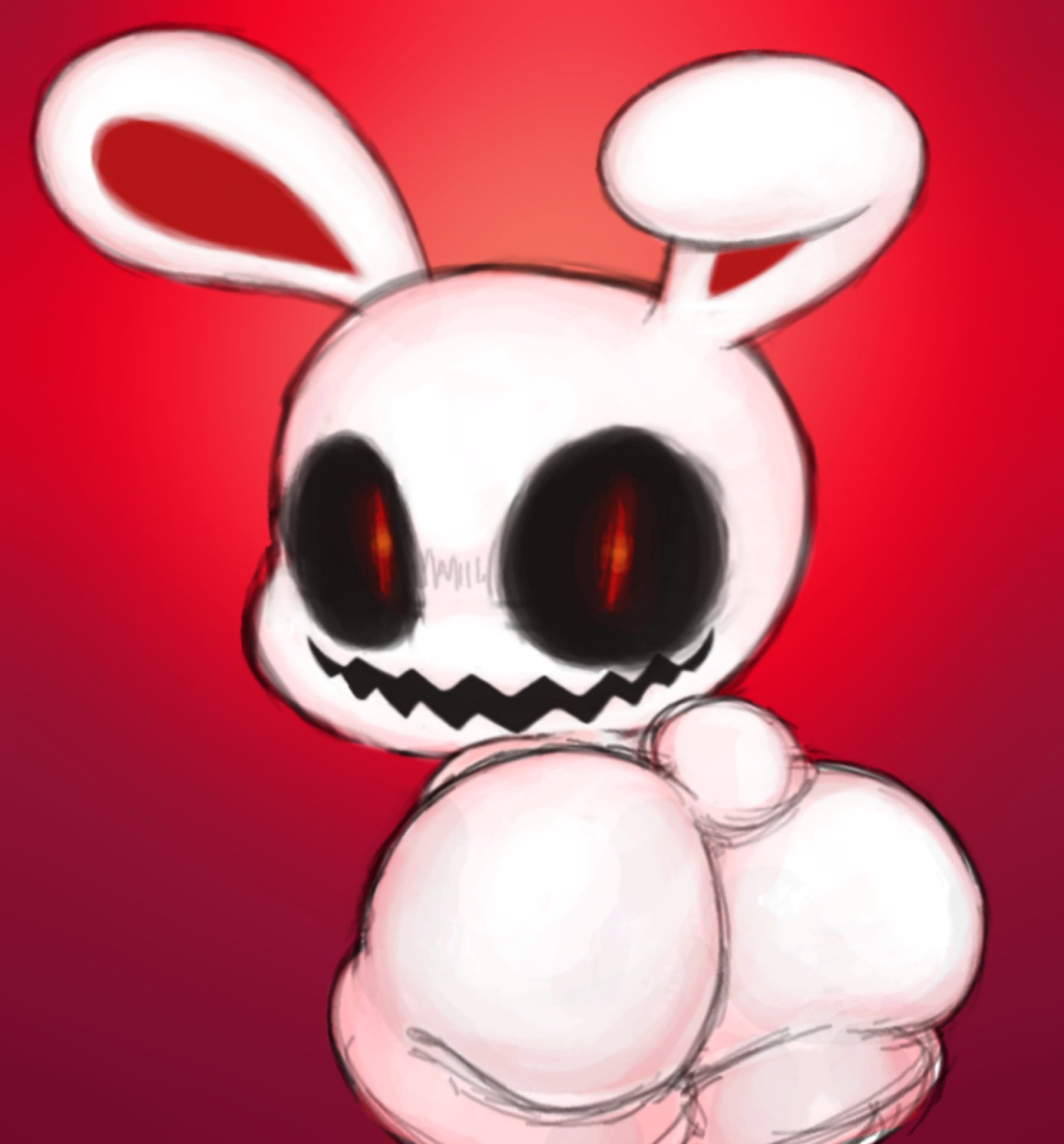 ambiguous gender, anthro, anthro only, ass, ass focus, black sclera, bunny, chikn nuggit, creepy, creepy face, demon, demon eyes, evil, evil eyes, fat ass, femboy, filthyopossum, gay, gay anal, gay male, gay sex, homosexual, homosexual male, iscream (chikn nuggit), long ears, looking back, looking back at viewer, male penetrated, male/male, monster, nonbinary, pointy teeth, presenting hindquarters, rabbit, rabbit ears, rabbit tail, red background, red eyes, red inner ear, round tail, scary, smooth skin, solo male, white body, white fur, wide hips, wide thighs