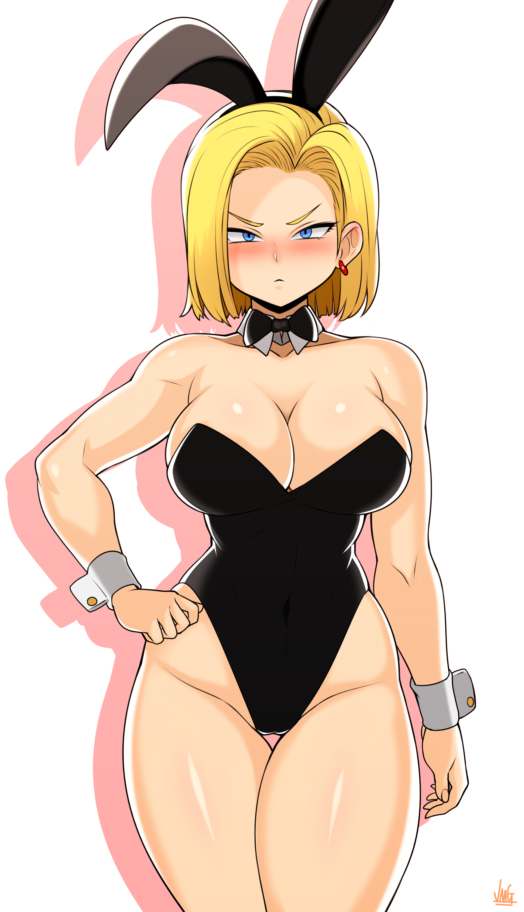 1girls, alternate breast size, alternate outfit, android 18, big breasts, blush, breasts, bunny ears, bunny girl, bunnysuit, cleavage, dragon ball, dragon ball z, eye contact, female, female only, half-closed eyes, jmg, large breasts, looking at viewer, solo, thick thighs, thigh gap, wide hips