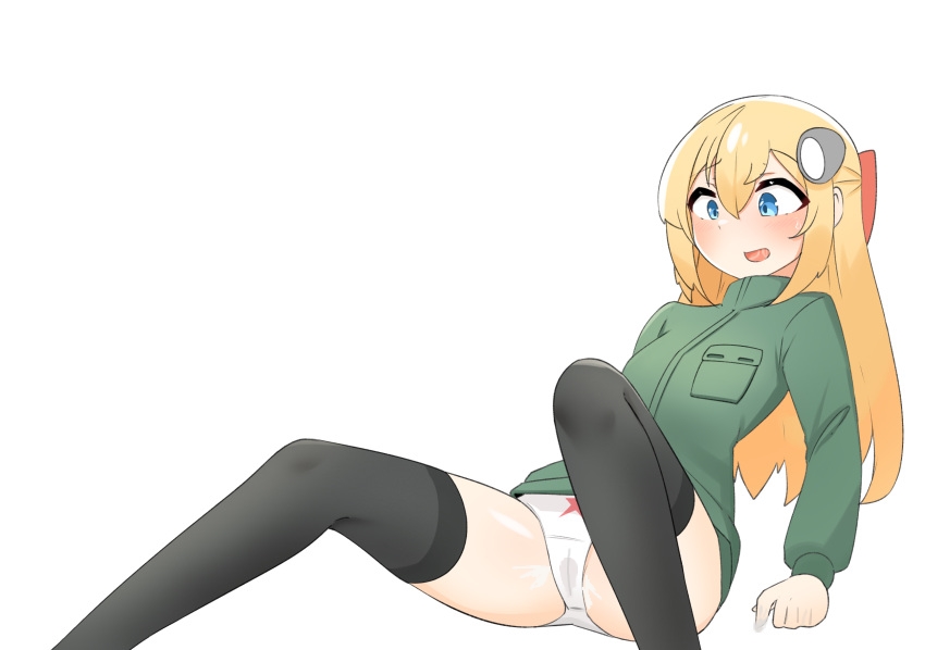 1girls after_masturbation black_thighhighs blonde_hair blue_eyes blushing daebom female female_only green_jacket hair_ornament leaning_back light-skinned_female light_skin long_hair panties small_breasts solo spread_legs t-34-57 t-34-57(old) t34_family thighhighs war_thunder wet_panties white_background white_panties