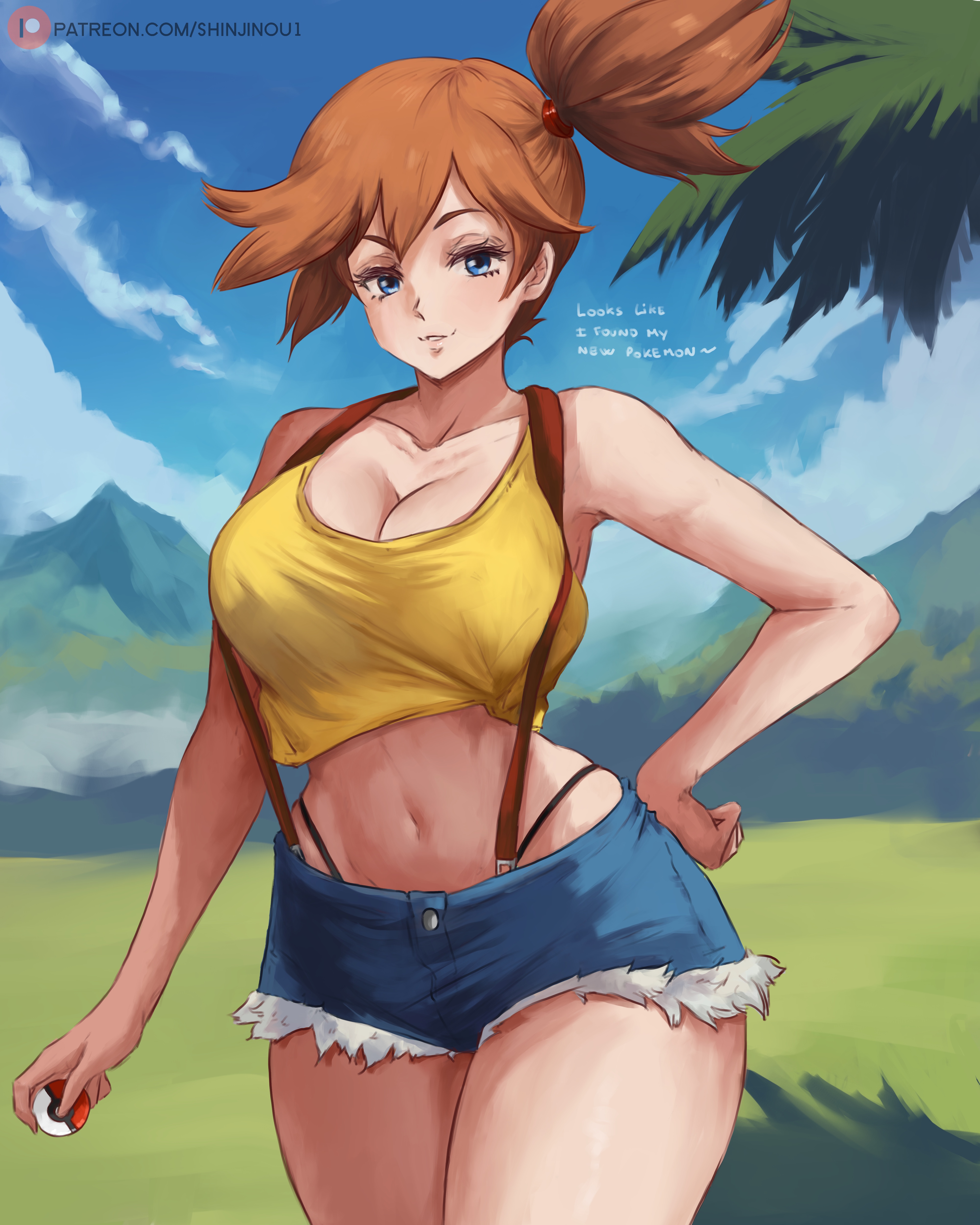1girls, alternative bust size, aqua eyes, asymmetrical hair, bare arms, bare legs, bare shoulders, blonde hair, blue eyes, blush, breasts, clothing, cowboy shot, curvaceous, cutesexyrobutts (style), denim, denim shorts, fangs, female, female only, game freak, gym leader, hair between eyes, high resolution, holding, holding object, holding poke ball, huge breasts, kasumi (pokemon), large breasts, legs, looking at viewer, nintendo, oerba yun fang, open mouth, orange hair, orange-haired female, poke ball, pokemon, pokemon (anime), pokemon (classic anime), pokemon (game), pokemon rgby, ponytail, shinjinou, shiny, shiny hair, shiny skin, shirt, short hair, short ponytail, short shorts, shorts, side ponytail, sideboob, simple background, sleeveless, sleeveless shirt, smile, solo, suspenders, tank top, teeth, thighs, thong, tied hair, underwear, very high resolution, wide hips, yellow shirt