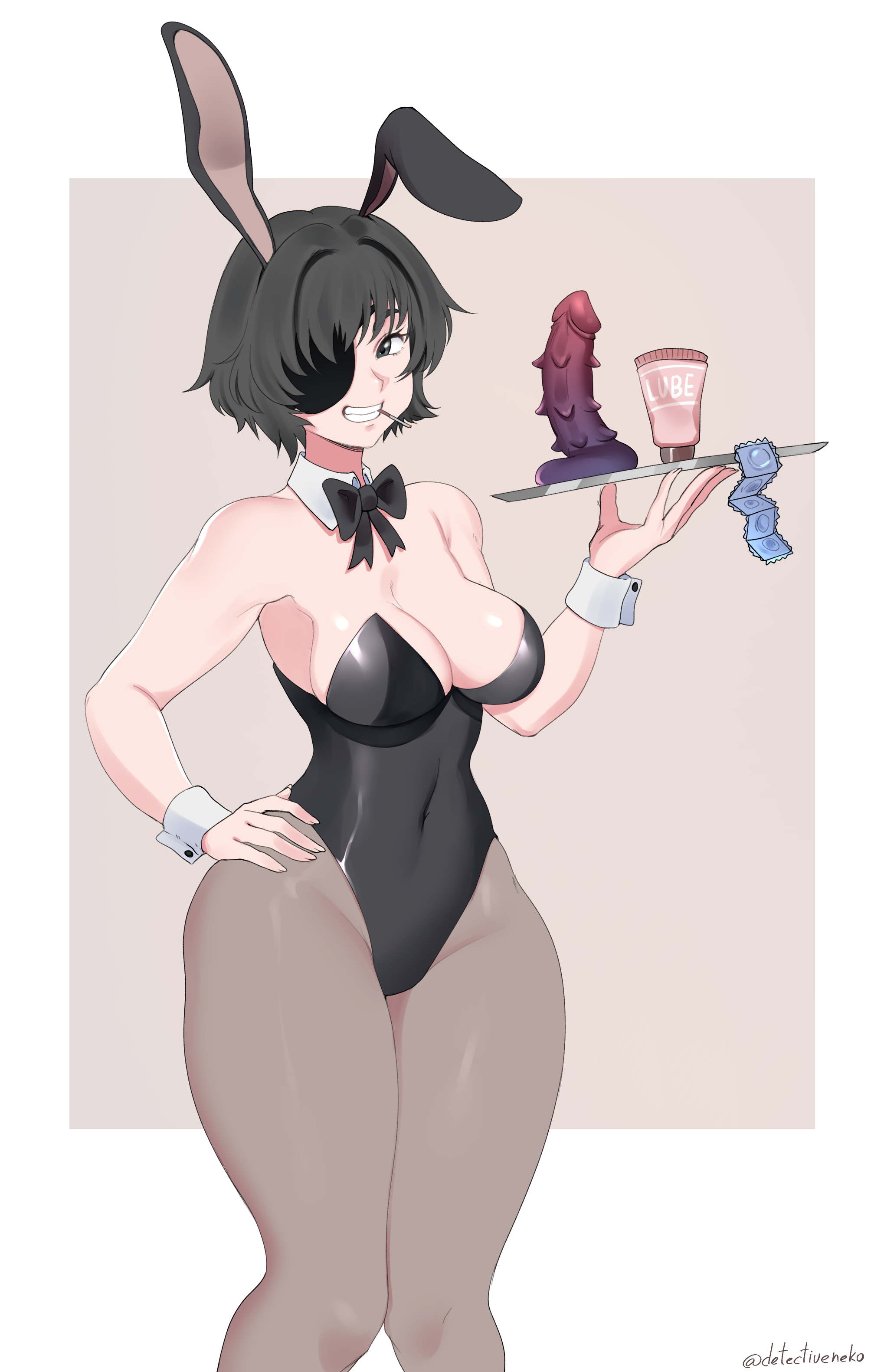 ass, big ass, big breasts, breasts, bunny ears, bunnysuit, chainsaw man, cleavage, condom, condom wrapper, detectiveneko, dildo, female, female only, himeno (chainsaw man), light skin, light-skinned female, looking at viewer, lube, serving tray, smile, smiling at viewer, thick thighs, tie, waitress, wide hips, wine