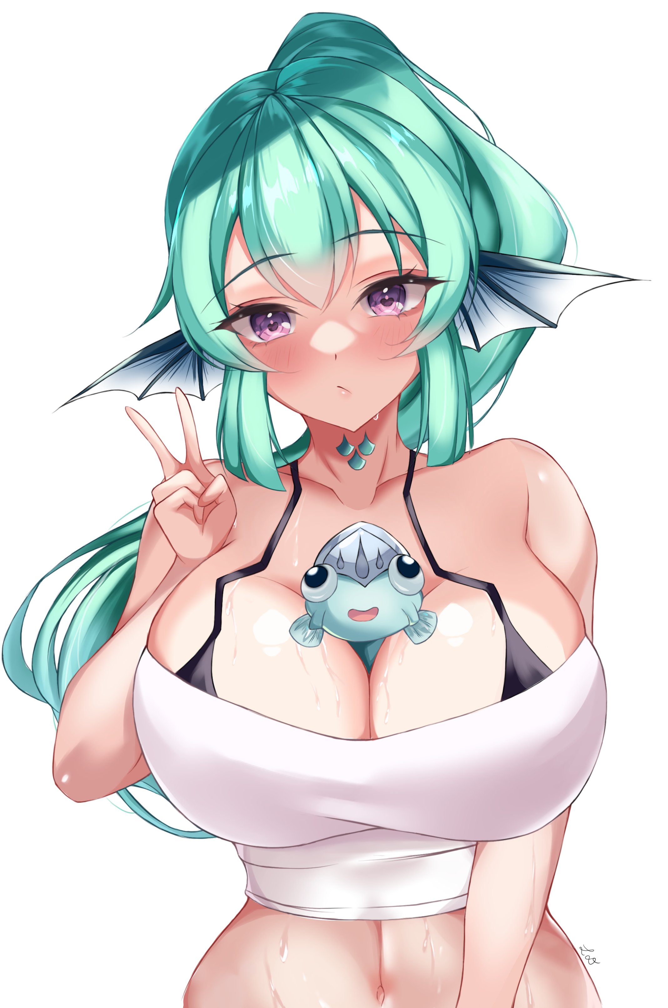1girls, alternate breast size, between breasts, big breasts, bikini top, bikini under clothes, black bikini, breasts, cleavage, crop top, female, female only, finana ryugu, fins, fish, hourglass figure, huge breasts, leon decarabia, light skin, light-skinned female, navel, nijisanji, nijisanji en, peace sign, ponytail, solo, virtual youtuber, voluptuous, voluptuous female, vtuber, wet, wet body, wet breasts, wet skin