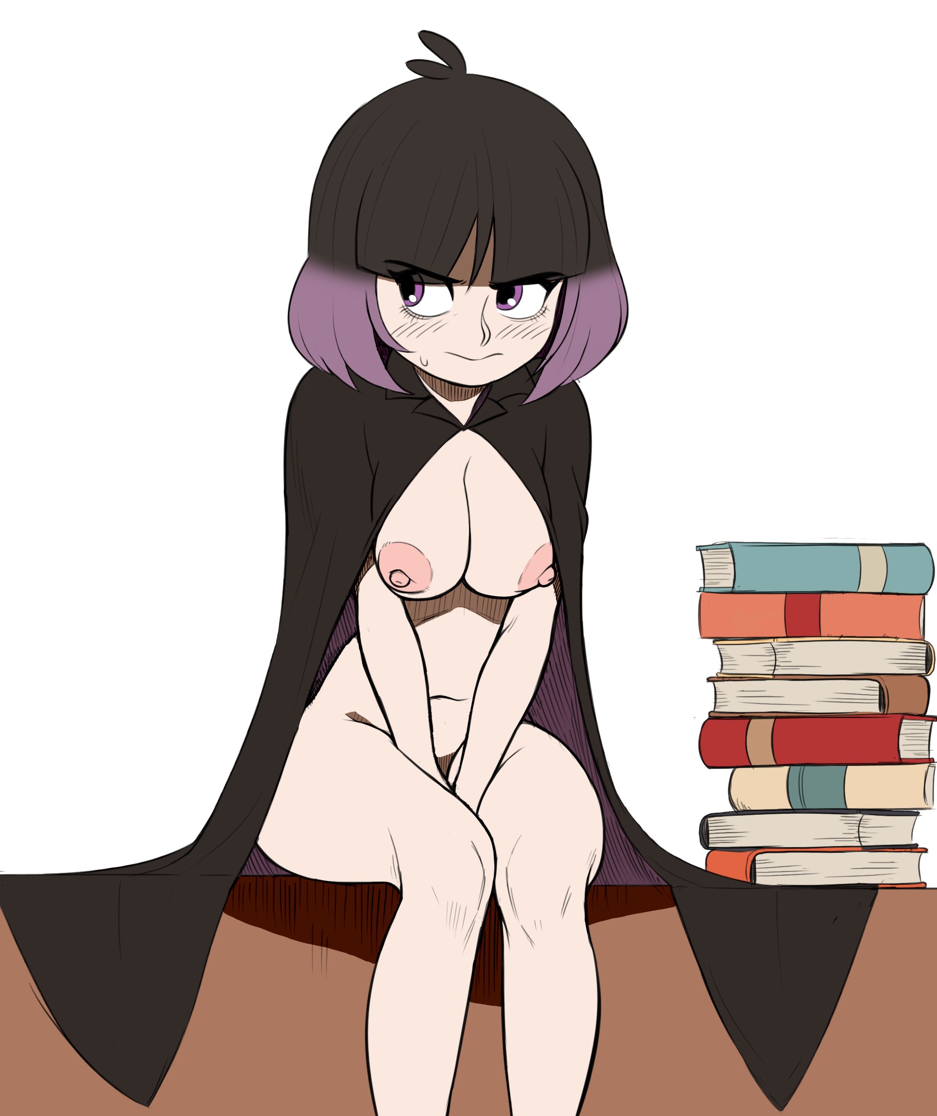 1girls, black hair, blush, books, breasts, cape, cape only, female, female only, hilda (series), kaisa (hilda), large breasts, light skin, light-skinned female, mangamaster, navel, nipples, pale skin, pale-skinned female, pink nipples, purple eyes, purple hair, sitting, solo, thighs, two-tone hair, white background, wide hips