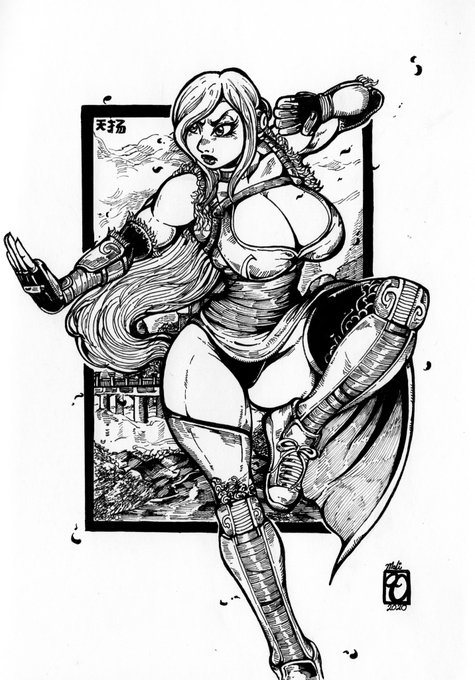 big_eyelashes black_and_white boob_window chinese_dress exposed_shoulders full_lips large_breasts lipstick makini_draws muscular_female panties_exposed small_ribcage thick_thighs thighs_bigger_than_head thighs_exposed tiane_young_(jonpa_draws) upturned_eyes