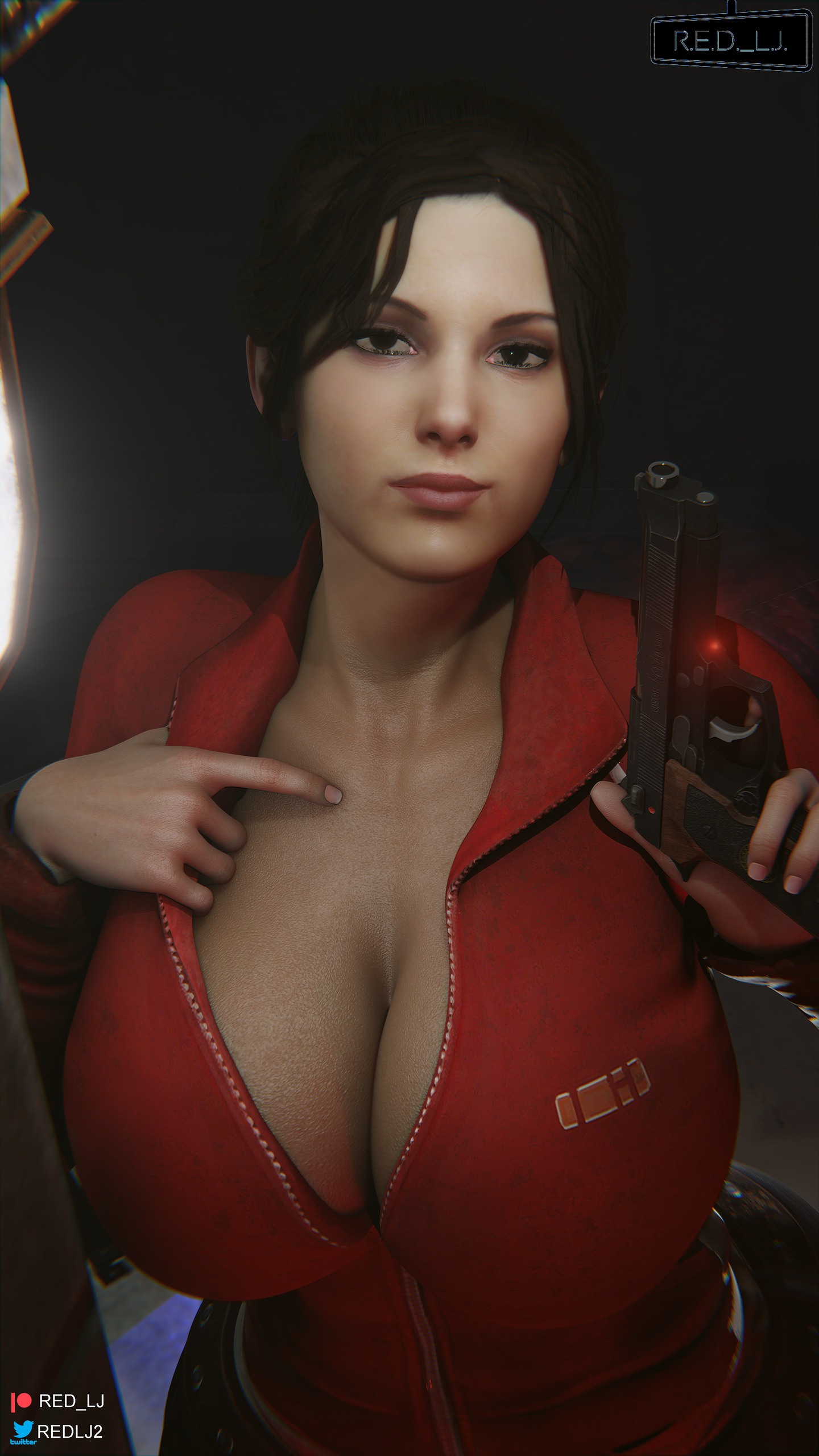1girls, 3d, 3d (artwork), big breasts, blender, blender (software), breasts, brown eyes, brown hair, busty, cleavage, clothed, clothed female, clothes, clothing, curvaceous, curvy, curvy body, curvy female, curvy figure, dark hair, facing viewer, female, female only, firearm, fully clothed, gun, holding object, holding weapon, hourglass figure, huge breasts, human, human only, jacket, large breasts, left 4 dead, left 4 dead (series), light skin, light-skinned female, looking at viewer, patreon username, pistol, presenting breasts, red jacket, red lj, smile, smiling, smiling at viewer, solo, thin waist, tied hair, top heavy, twitter username, uncensored, valve, valve (company), voluptuous, weapon, wide hips, zoey (left 4 dead)