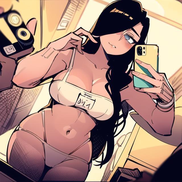 1girls, aesthetic, ai generated, belly button, big breasts, black hair, blue eyes, bra, breasts, clothing, female, female only, light skin, light-skinned female, long hair, original, selfie, tagme, underwear