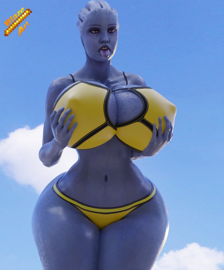 1girls 3d asari bikini blazeart blue_body blue_skin female female_only holding_breasts huge_breasts liara_t'soni mass_effect solo tongue_out wet_body wet_skin