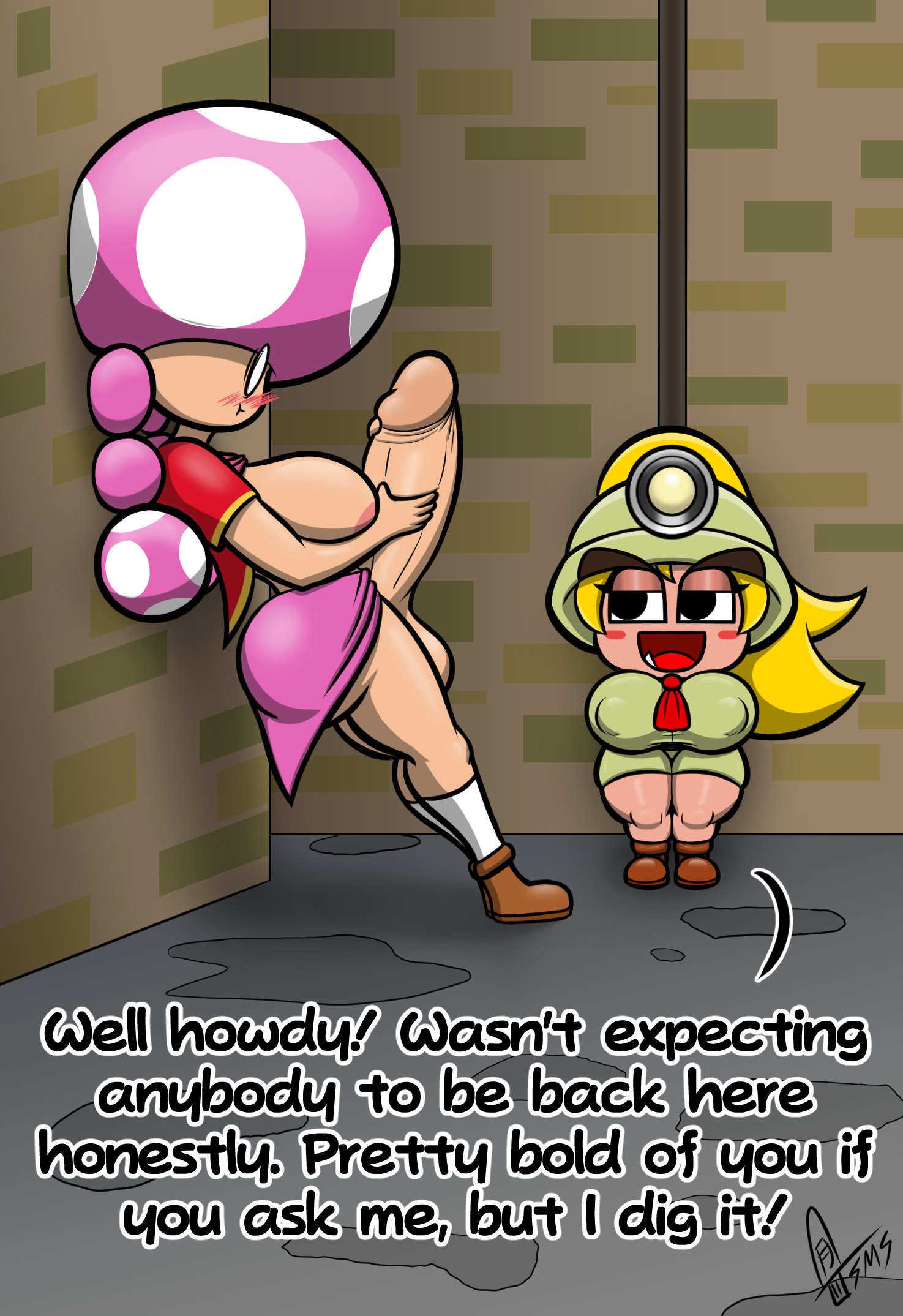 1futa, 1girls, 2023, alternate version available, areolae, ass, balls, big ass, big breasts, bottomwear, breasts, caught, caught masturbating, clothed, clothing, duo, embarrassed, english text, erection, female, fully clothed, futanari, goombella, half-closed eyes, higher resolution duplicate, huge balls, huge breasts, huge cock, humanoid, humanoid penis, intersex, light skin, light-skinned futa, mario (series), masturbation, mostly clothed, nintendo, nipples, nipples visible through clothing, no underwear, paper mario, paper mario: the thousand-year door, penis, shortstack, standing, supermoonshroom, surprised, toadette, topless, wide eyed, yuri