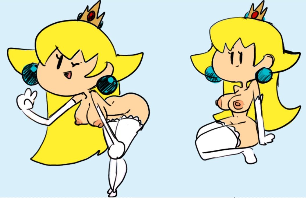 1girls arm_gloves blonde_hair breasts coolerinker crown hanging_breasts inker_comics inkershike kneeling mario_(series) nintendo nude peace_sign pearl_earrings princess princess_peach stockings terminalmontage white_legwear wink