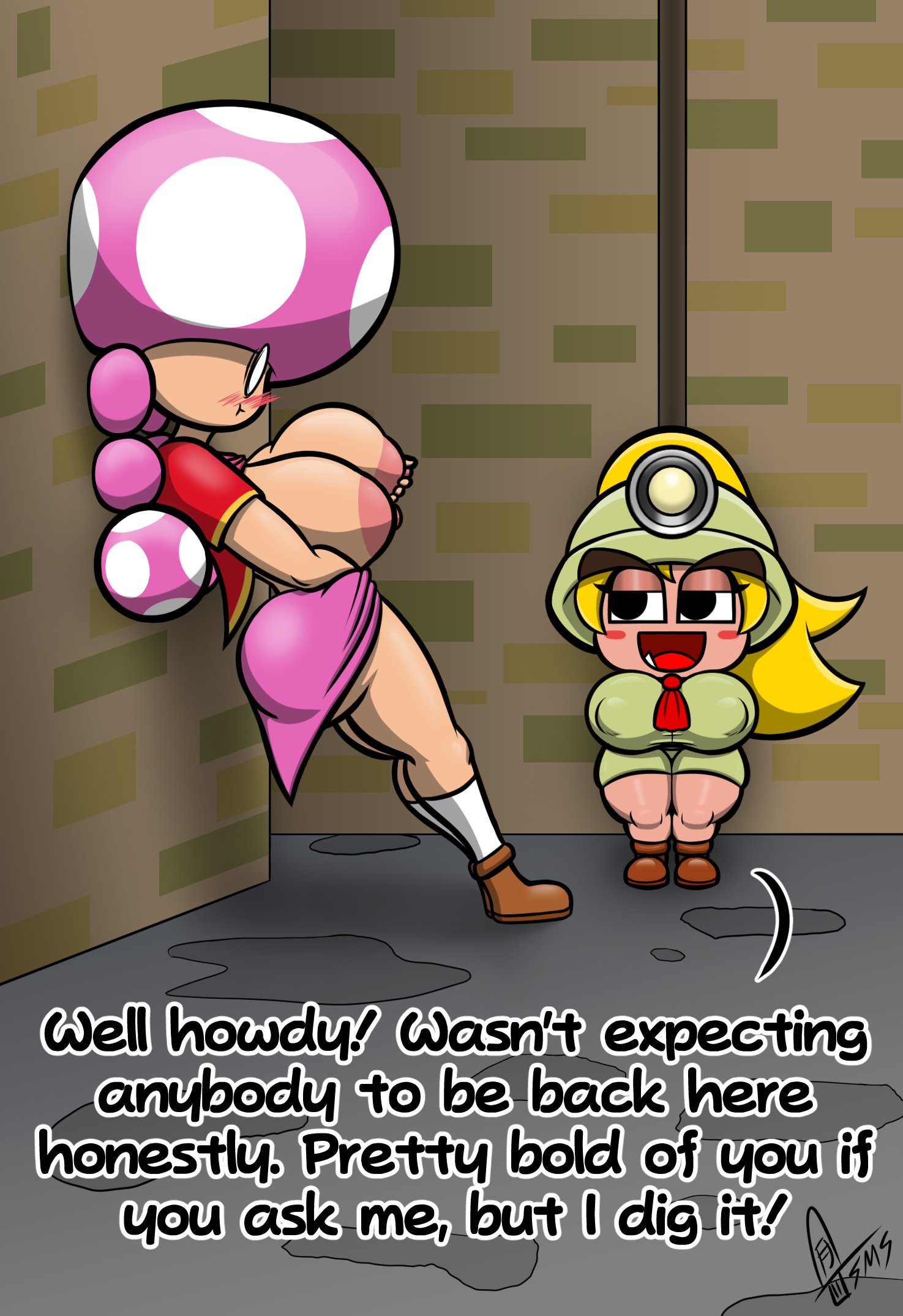 2023, 2girls, alternate version available, areolae, ass, big ass, big breasts, blonde hair, bottomwear, breasts, caught, caught masturbating, clothed, clothing, dialogue, duo, embarrassed, english text, female, female only, fully clothed, goombella, higher resolution duplicate, humanoid, light skin, light-skinned female, long hair, mario (series), mostly clothed, multiple females, multiple girls, nintendo, nipples, nipples visible through clothing, no underwear, paper mario, paper mario: the thousand-year door, shortstack, standing, supermoonshroom, surprised, text, toadette, topless, yuri
