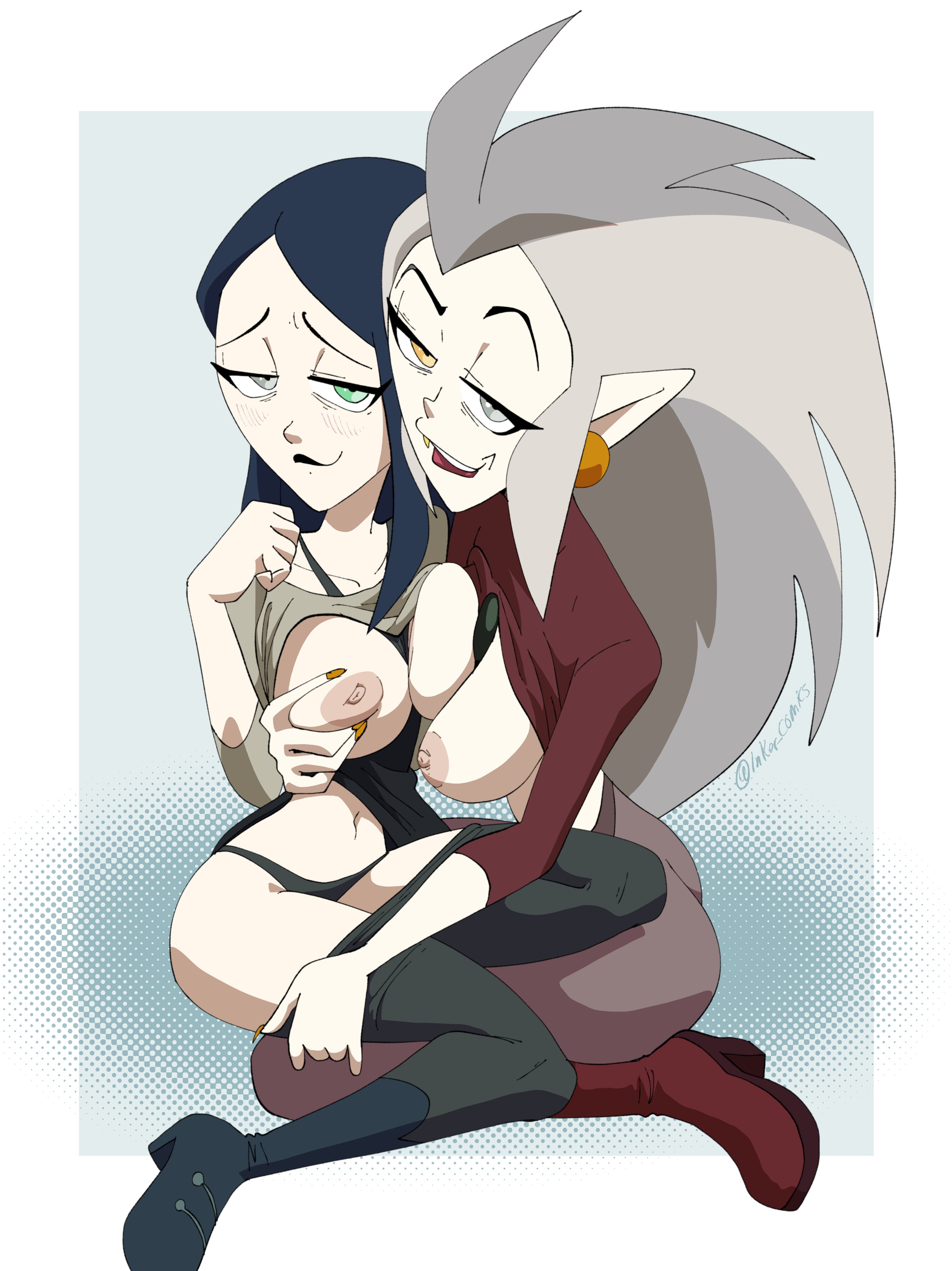 2girls, areola, black hair, breast grab, breasts, breasts out, coolerinker, cougar, disney, disney channel, eda clawthorne, female, female focus, female only, goth, goth girl, grey hair, heterochromia, higher resolution available, incest, inker comics, inkershike, large breasts, light skin, light-skinned female, lilith clawthorne, long hair, looking at viewer, looking away, medium breasts, multiple females, multiple girls, navel, nipples, pointy ears, sisters, sitting, smooth skin, standing, the owl house, yuri