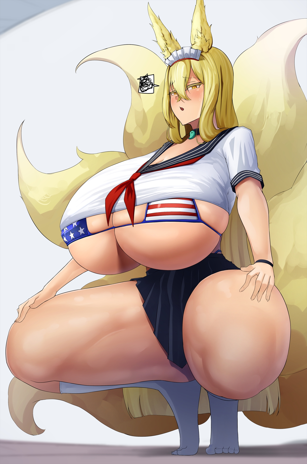 1girls, american flag bikini, animal ears, big breasts, blonde hair, breasts, busty, curvaceous, curvy, curvy body, curvy female, curvy figure, female, female only, hirume of heavenly incense, hirume of heavenly incense (the sailor costume for childhood friend) (last origin), huge breasts, large breasts, last origin, light skin, light-skinned female, long hair, school uniform, sirosoil, solo, squatting, thick thighs, thighs, usa bikini, voluptuous, yellow eyes