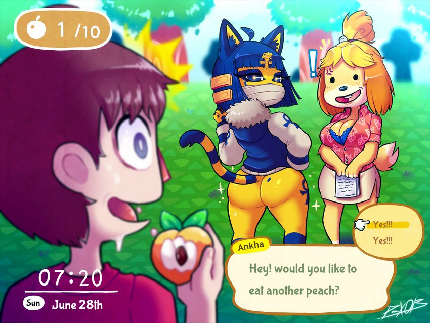 1boy 2girls animal_crossing ankha ass big_ass big_butt blue_eyes breasts brown_hair cat_ears cat_tail cleavage dialogue english_text eyebrows eyelashes eyeshadow fat_ass female female_focus fur_trim gonzalo_costa isabelle_(animal_crossing) light-skinned_male light_skin looking_back male nintendo panteon013 text text_bubble thick_thighs thighs villager_(animal_crossing) yellow_body yellow_fur yellow_skin