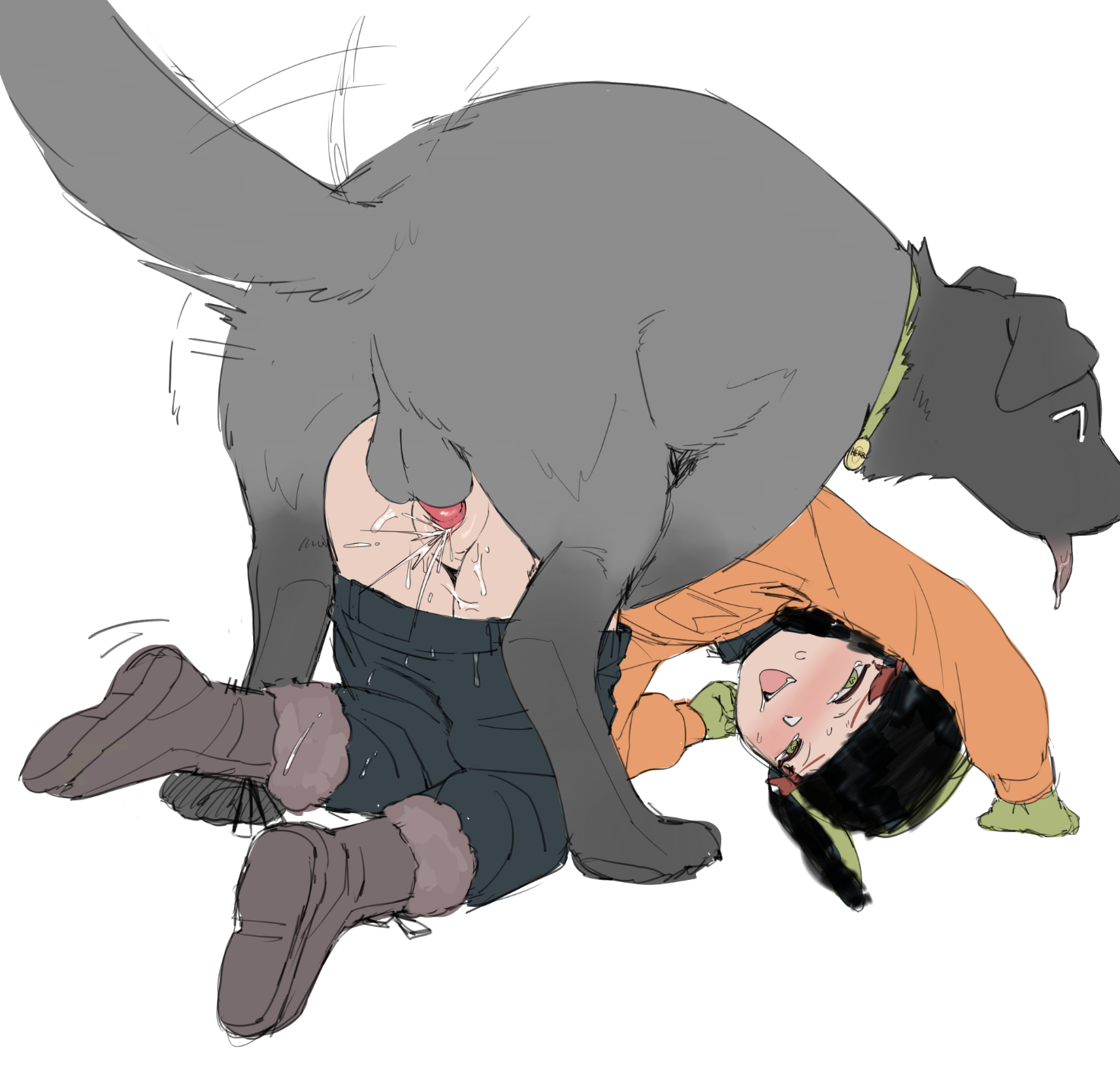 artist request, blush, boots, canine, comedy central, cum, cum inside, cuntboy, cuntboy penetrated, doggy style, gay, gloves, green eyes, intersex, knot, knotting, kyle broflovski, male, male only, pants down, pussy, red hair, south park, ushanka, vaginal penetration, zoophilia