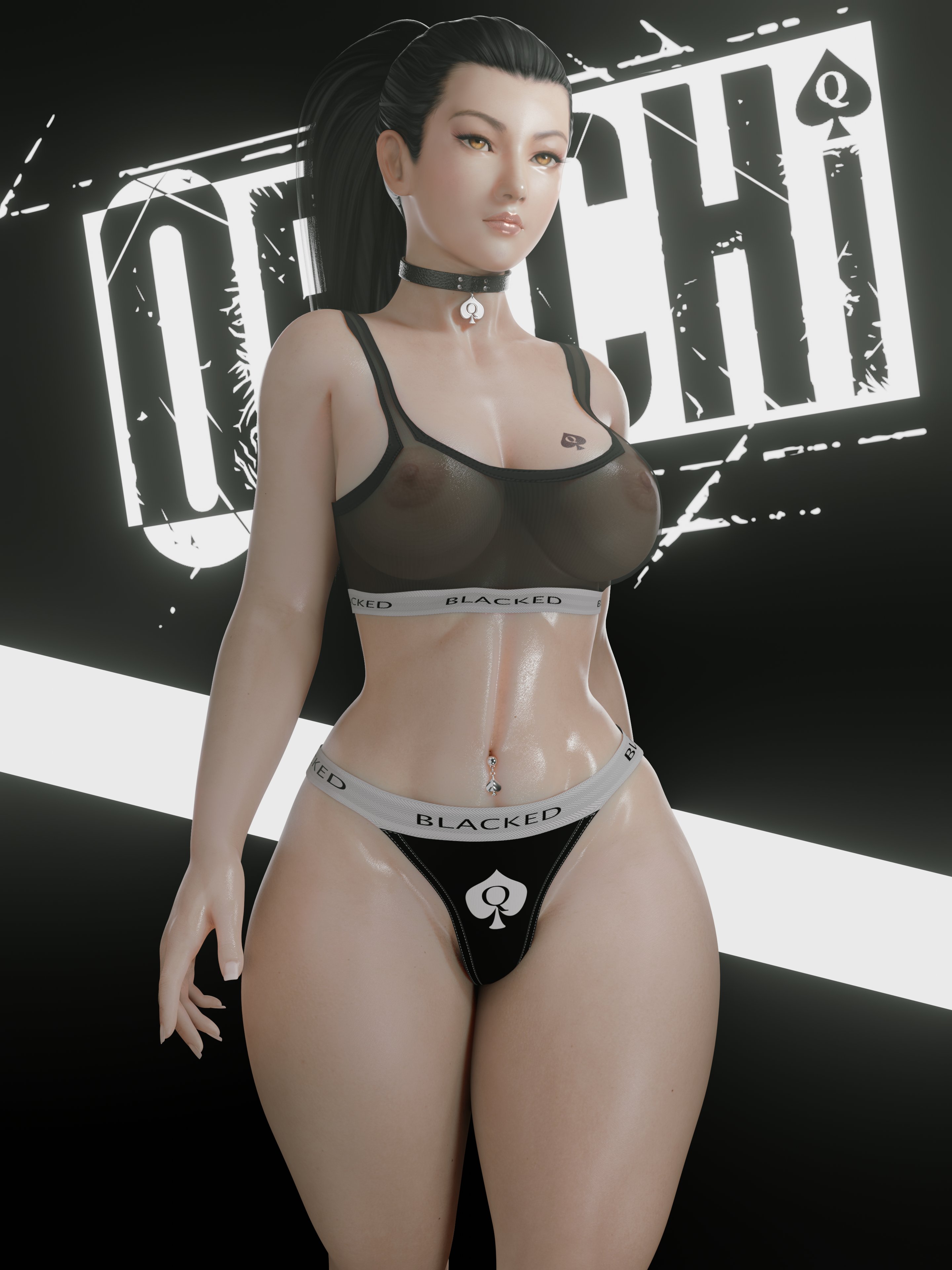 1girls, 3d, abs, athletic, athletic female, black hair, blacked, blacked clothing, breast tattoo, breasts, brown eyes, collar, dead or alive, female, female only, fit, fit female, hazel eyes, hourglass figure, light skin, light-skinned female, long hair, momiji (ninja gaiden), navel piercing, ninja gaiden, nipples, nipples visible through clothing, orochi nsfw, piercing, ponytail, qos, qos clothing, queen of spades, queen of spades symbol, see-through, see-through clothing, shiny skin, solo, spade choker, spade tattoo, tattoo, tattoo on breast, thick thighs, thin waist, thong, wide hips