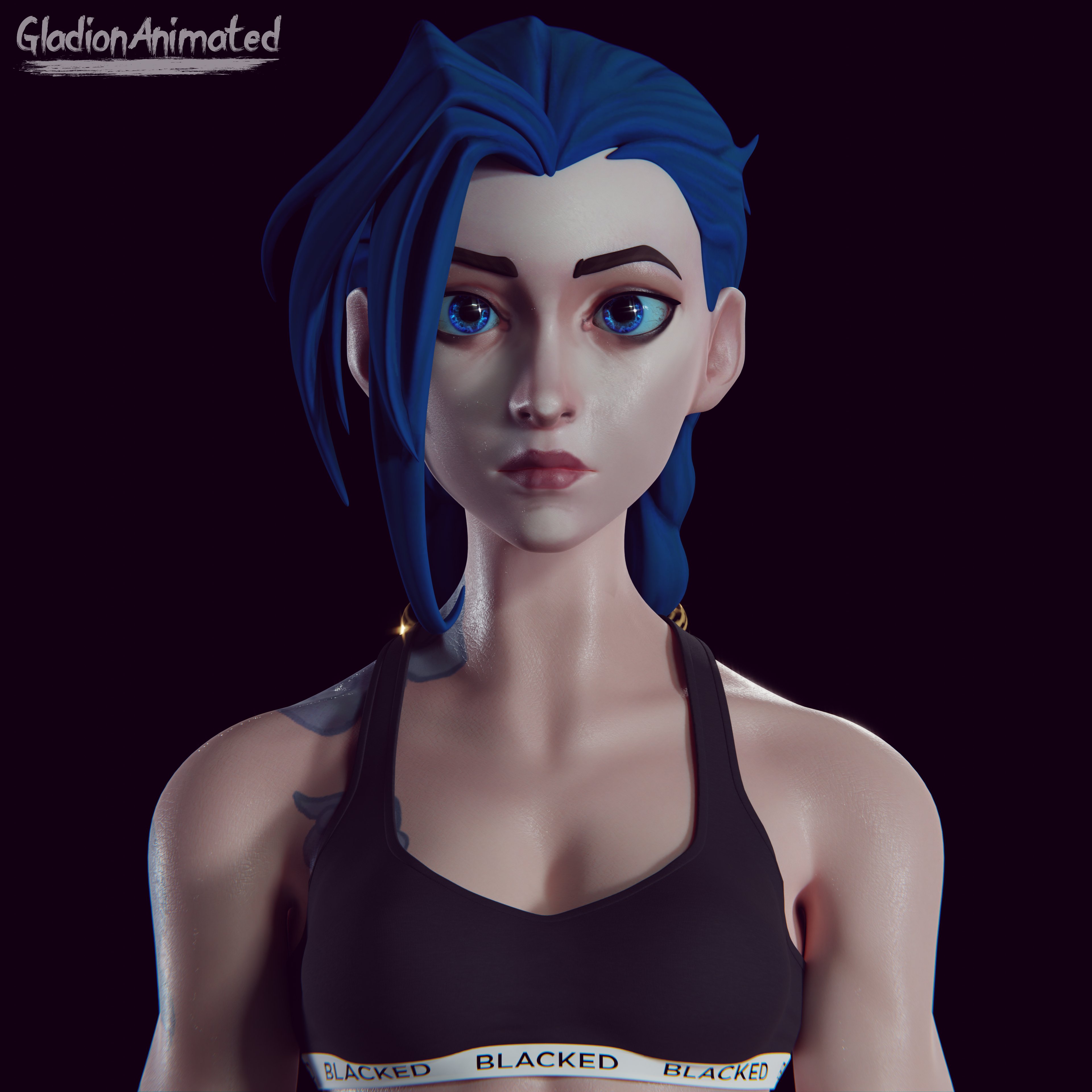1girls, 3d, black background, blacked, blacked clothing, blue eyes, blue hair, female, female only, gladionanimated, jinx (league of legends), league of legends, light skin, light-skinned female, looking at viewer, pale skin, pale-skinned female, ponytail, solo, tattoo