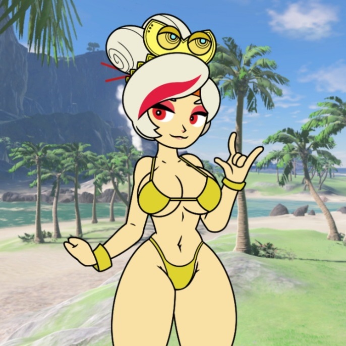 1:1 1girls 2d 3d_background \m/ alternate_version_available beach big_breasts bikini bracelet breasts eyeshadow female female_only gold_bikini grey_hair hair_tie headdress looking_aside purah purah_(tears_of_the_kingdom) red_eyes red_eyeshadow red_streak sign_of_the_horns smile solo solo_female tears_of_the_kingdom the_legend_of_zelda thighs two_tone_hair white_hair ygr64