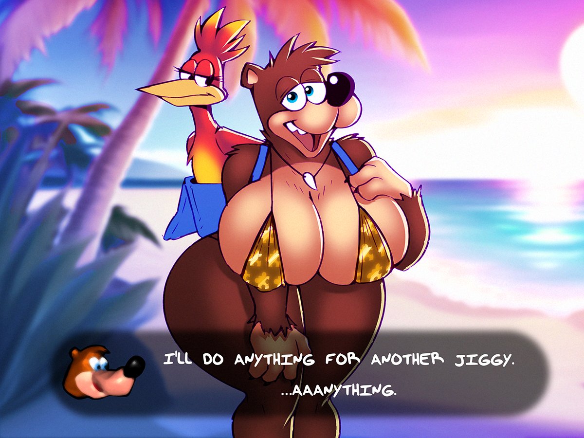 2023 anthro arm_on_breast arm_on_leg avian backpack banjo-kazooie banjo_(banjo-kazooie) beach beak bear big_breasts bikini blue_eyes blush breasts breegull brown_body brown_fur cameltoe closed_mouth clothing dialogue dracojeff duo female full_body full_color green_eyes huge_breasts kazooie light_brown_body light_brown_breast light_brown_fur looking_at_viewer mammal mtf_crossgender navel nervous_smile open_mouth plum_tree rareware rule_63 sand slingshot_swimsuit smiling sunset swimsuit swimwear text text_box video_games water yellow_beak yellow_bikini yellow_bikini_top