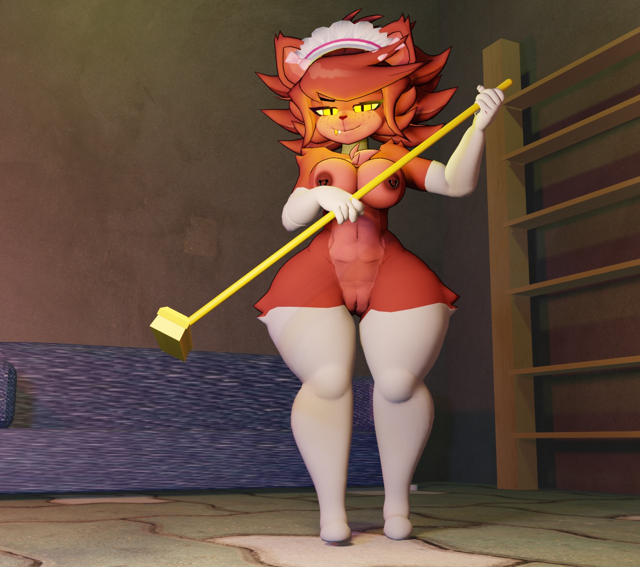 1girls, 3d, 3d (artwork), alternate version available, anthro, big breasts, breasts, cally3d, clazzey, cryptiacurves, curvy, fazclaire's nightclub, female, female only, fexa, fexa (cryptia), five nights at freddy's, fnaf, foxy (cally3d), foxy (fnaf), fredina's nightclub, furry, maid, maid uniform, red fur, scottgames, solo, thick thighs, thighhighs, voluptuous, vxast, wide hips
