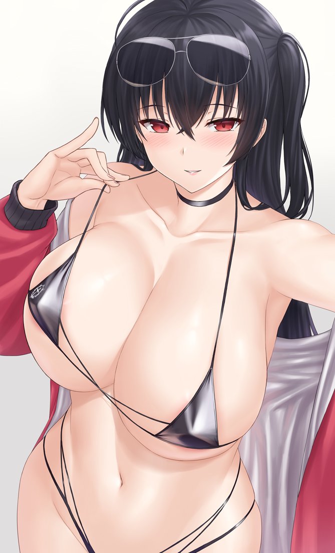 ahoge areola_slip areolae aviator_sunglasses azur_lane bangs bare_shoulders bikini bikini_pull black_bikini black_choker black_hair black_swimsuit blush breasts choker clavicle cleavage clothes_pull clothing crossed_bangs erect_nipples erect_nipples_under_clothes eyebrows_visible_through_hair eyewear_on_head female female female_only huge_breasts jacket long_hair long_sleeves looking_at_viewer multiple_straps navel nipples off_shoulder official_alternate_costume open_clothes open_jacket open_mouth parted_lips pinky_out pulled_by_self race_queen red_eyes red_jacket sama_samasa smile solo strap_pull sunglasses swimsuit swimsuit_pull taihou_(azur_lane) taihou_(enraptured_companion)_(azur_lane) wardrobe_malfunction