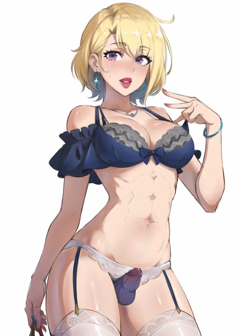 ai_generated bimbo blonde_hair dickgirl erection_under_clothes futa_only futanari girly huge_breasts looking_at_viewer oznia4 small_penis standing transformation