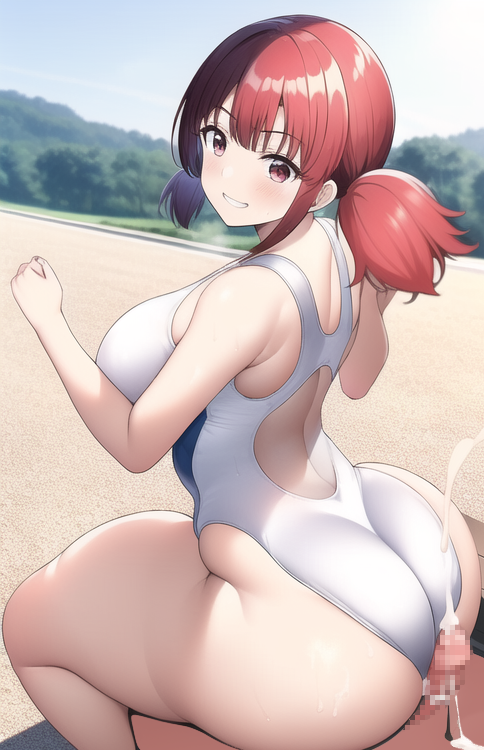 1boy 1girls ai_generated ass big_ass big_breasts big_butt bubble_ass buttjob cum curvy dat_ass erection fat_ass female huge_ass huge_breasts huge_butt keijo!!!!!!!! large_ass large_breasts looking_at_viewer looking_back male one-piece_swimsuit penis red_eyes red_hair swimsuit thick thick_ass toyoguchi_non voluptuous wide_hips