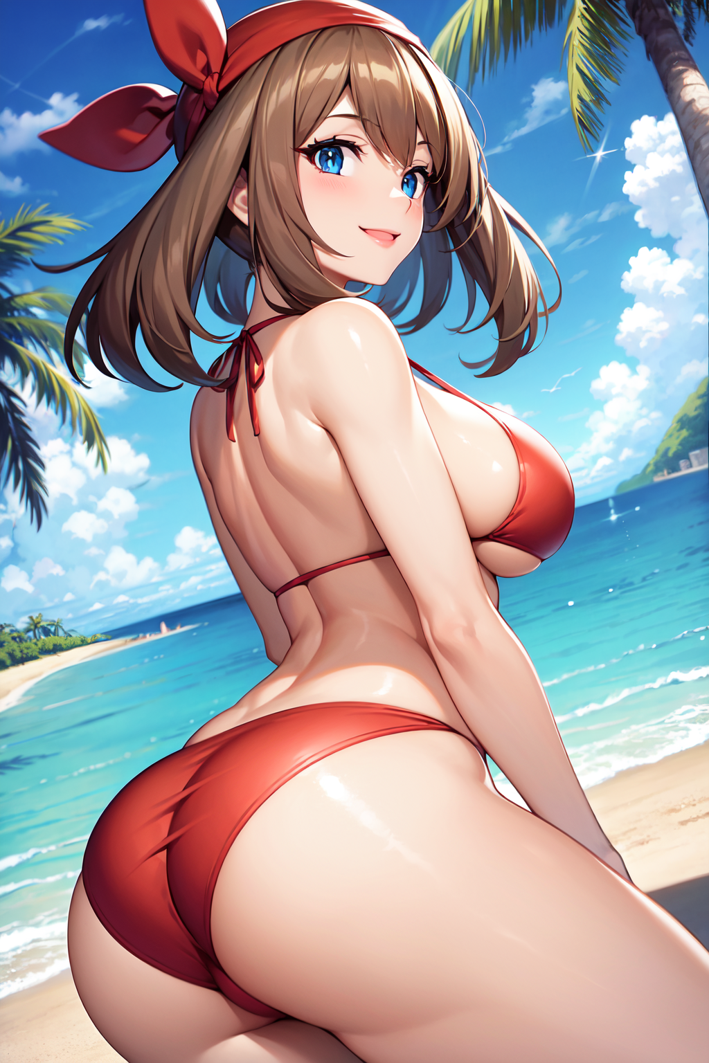 ai generated, ass, bandana, beach, big ass, big breasts, big butt, bikini, blue eyes, blushing, breasts, brown hair, day, female, female only, headgear, headwear, human, human female, large ass, large breasts, light skin, light-skinned female, looking at viewer, looking back, may (pokemon), nai diffusion, nintendo, ocean, open mouth, outdoors, palm tree, pokemon, red bandana, red bikini, sideboob, solo, solo female, stable diffusion, swimsuit, thick thighs