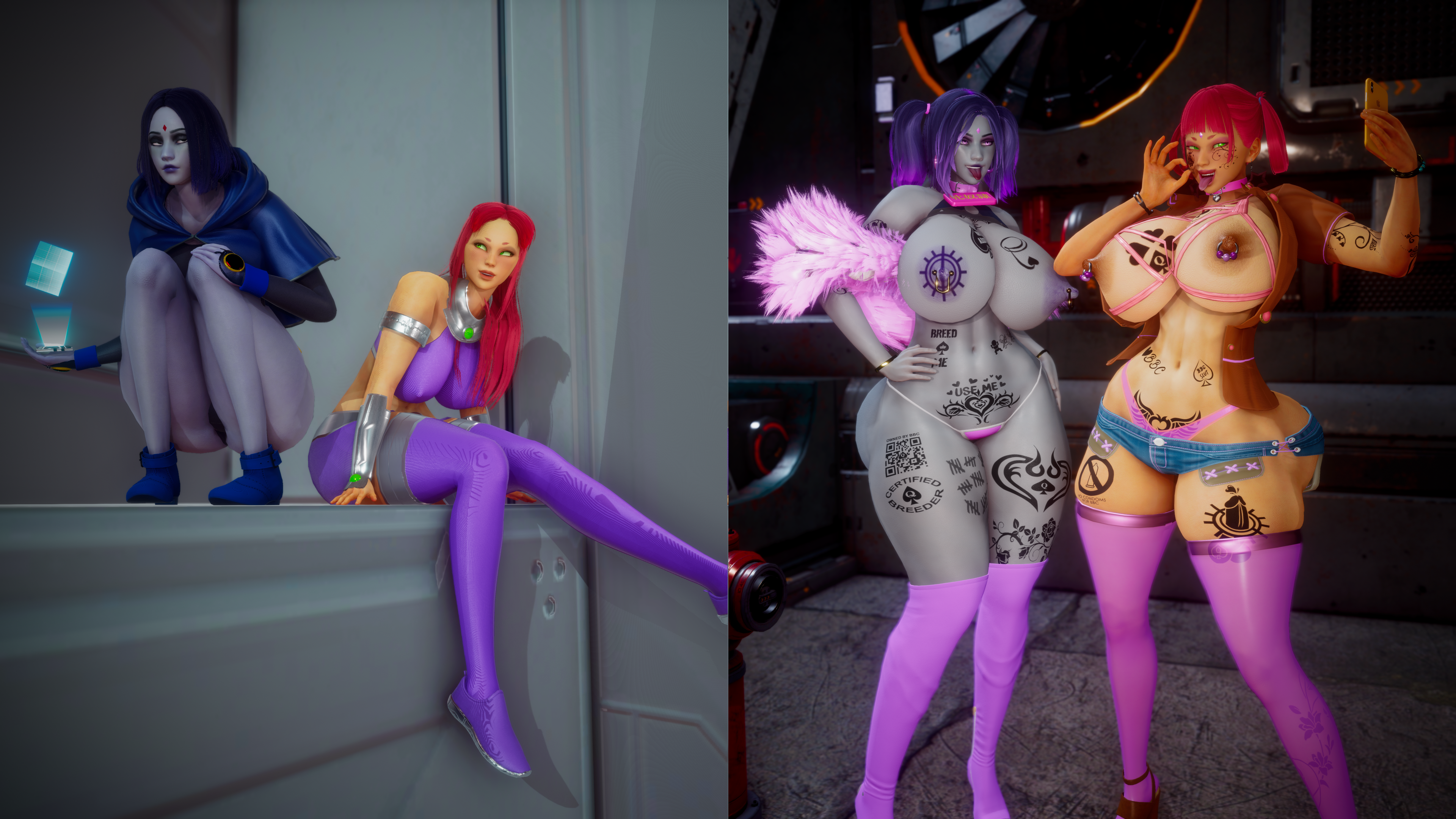 2girls, 3d, arcrad, ass, ass expansion, before and after, bimbofication, breast expansion, breast growth, breast growth (enlargement), breasts, dc, dc comics, female, female only, huge ass, huge breasts, pigtails, queen of spades, raceplay, rachel roth, raven (dc), starfire, tattoo, tattoos, teen titans, transformation