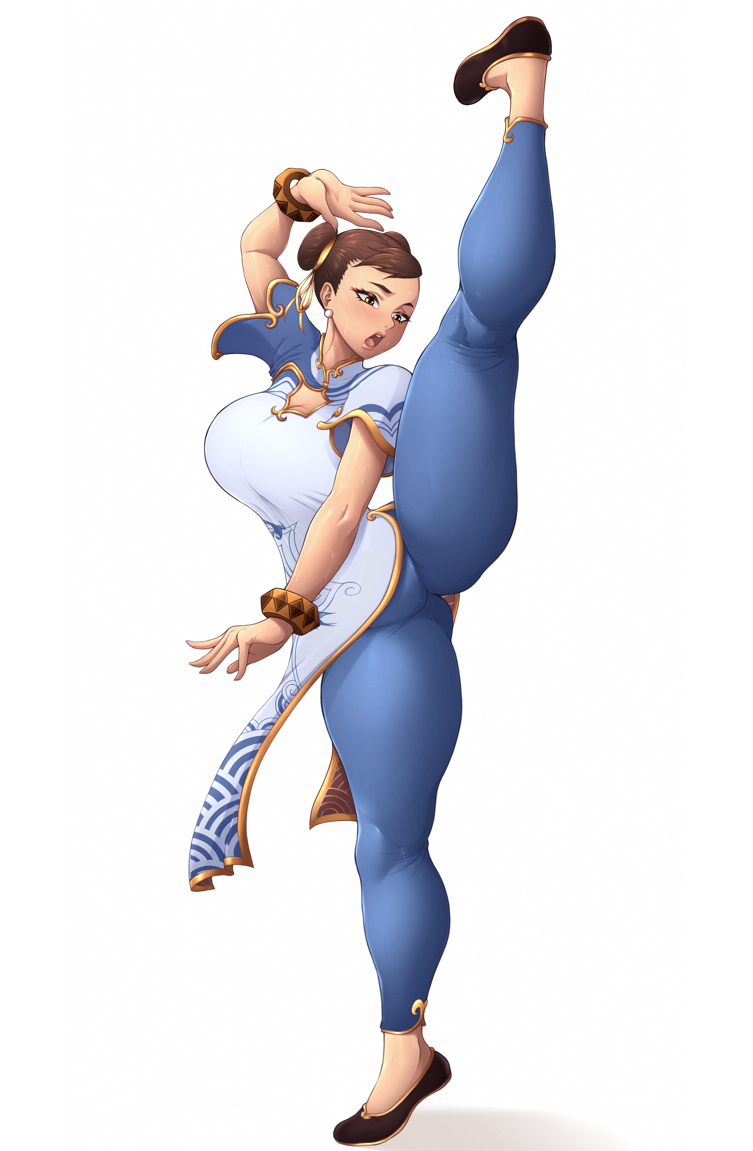 1girls, big breasts, breasts, chun-li, clothed, clothing, female, female only, fighting pose, large breasts, solo, street fighter, street fighter 6, sweat, sweating, vertical splits, vicsenpai, white background
