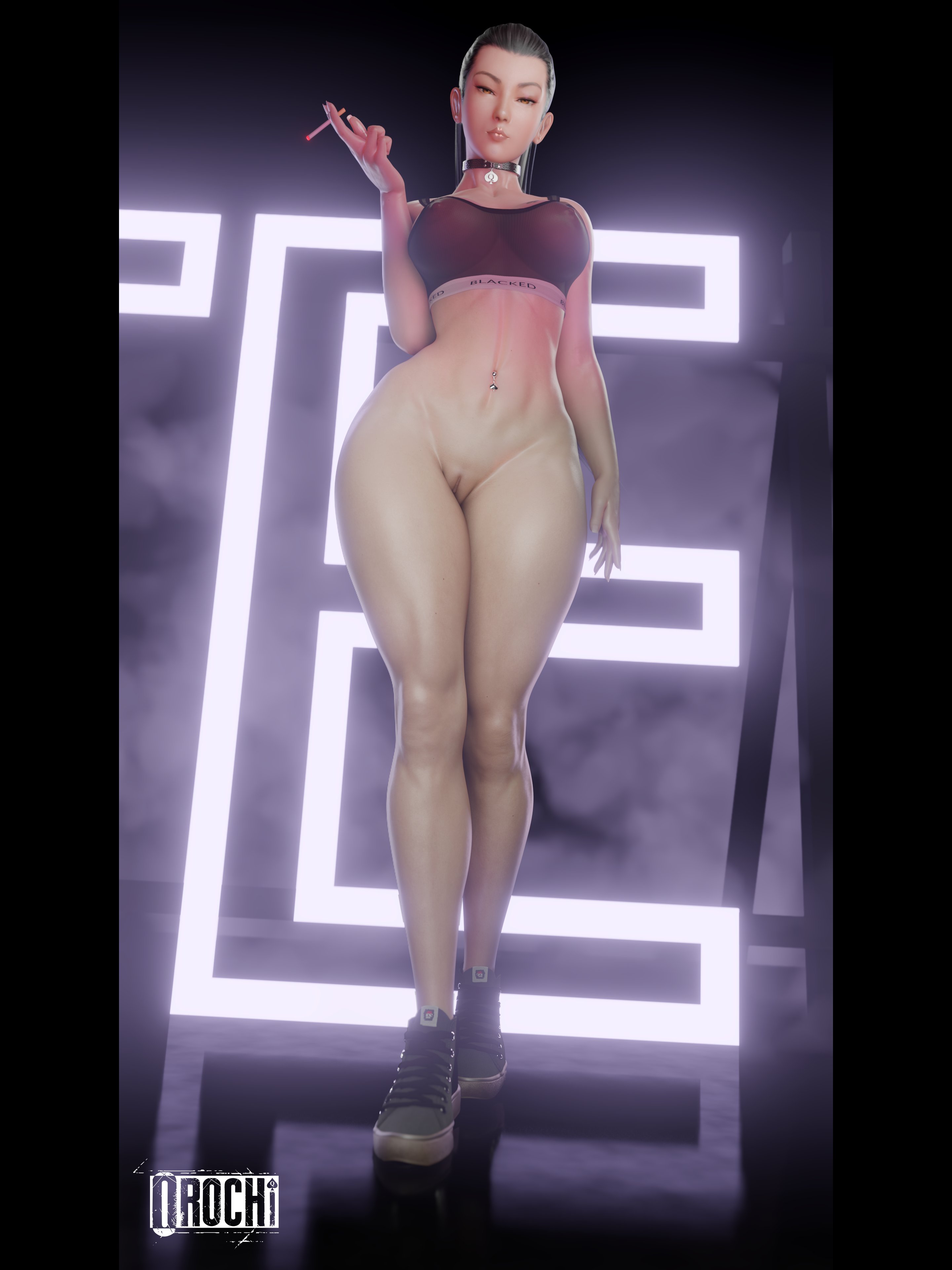1girls, 3d, belly piercing, big breasts, black hair, blacked, blacked clothing, bottomless, bottomless female, breasts, choker, cigarette, curvaceous, curvaceous figure, curvy, curvy figure, dead or alive, female, female only, light skin, light-skinned female, looking at viewer, momiji (ninja gaiden), navel piercing, ninja gaiden, orochi nsfw, pale skin, pale-skinned female, piercing, queen of spades, solo