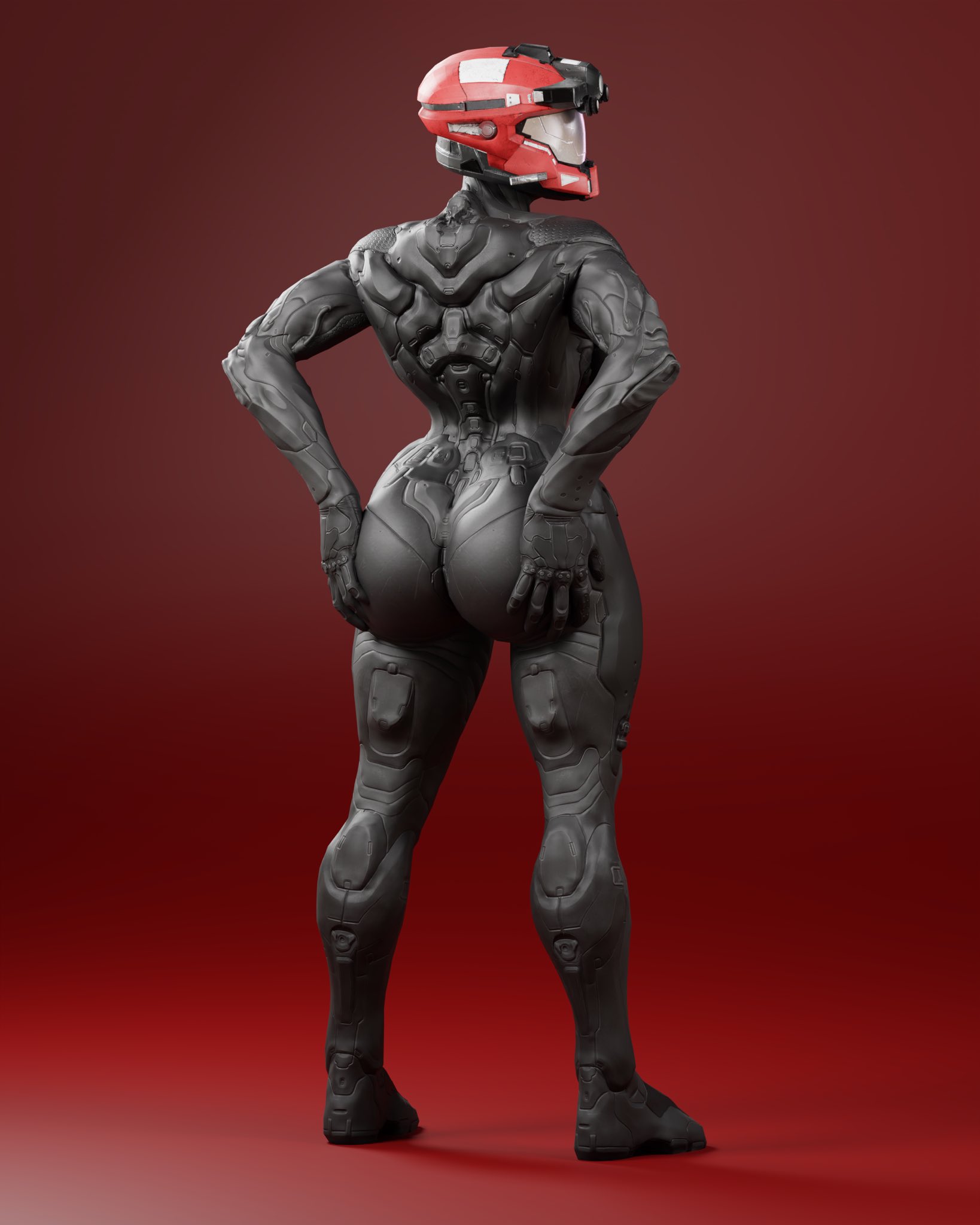 1girls, 3d, 3d (artwork), armor, ass, ass grab, bodysuit, breasts, drachy, female, female spartan (halo), halo (game), halo (series), helmet, hips, large ass, looking back, microsoft, simple background, spartan (halo), thighs