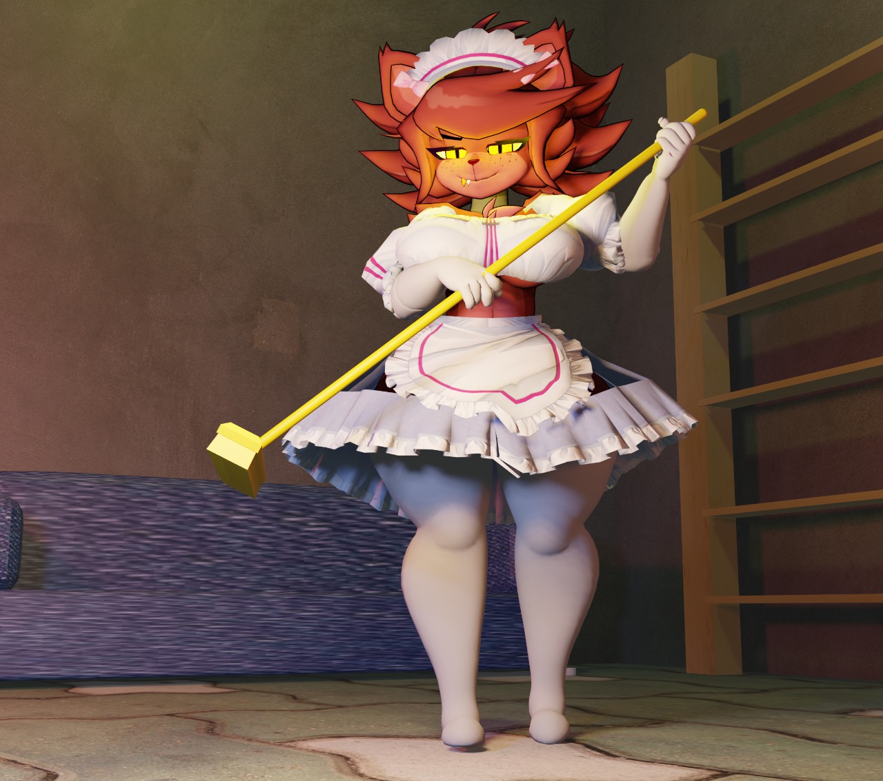 1girls, 3d, 3d (artwork), alternate version available, anthro, big breasts, breasts, cally3d, clazzey, cryptiacurves, curvy, fazclaire's nightclub, female, female only, fexa, fexa (cryptia), five nights at freddy's, fnaf, foxy (cally3d), foxy (fnaf), fredina's nightclub, furry, maid, maid uniform, red fur, scottgames, solo, thick thighs, thighhighs, voluptuous, vxast, wide hips