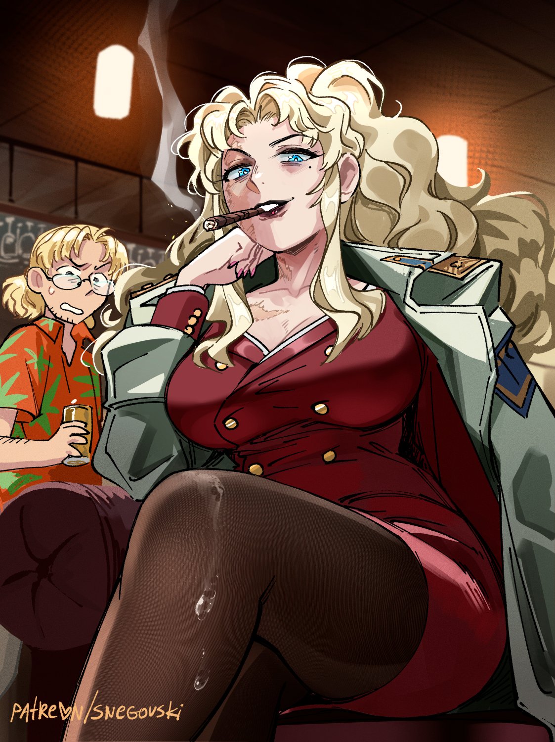 1boy 1girls balalaika benny_(black_lagoon) black_lagoon blonde_hair blue_eyes business_suit curvaceous female large_breasts long_hair looking_at_viewer mature_female milf military_jacket mole mole_under_eye office_lady pantyhose pencil_skirt red_lipstick russian_girl scars smoking snegovski