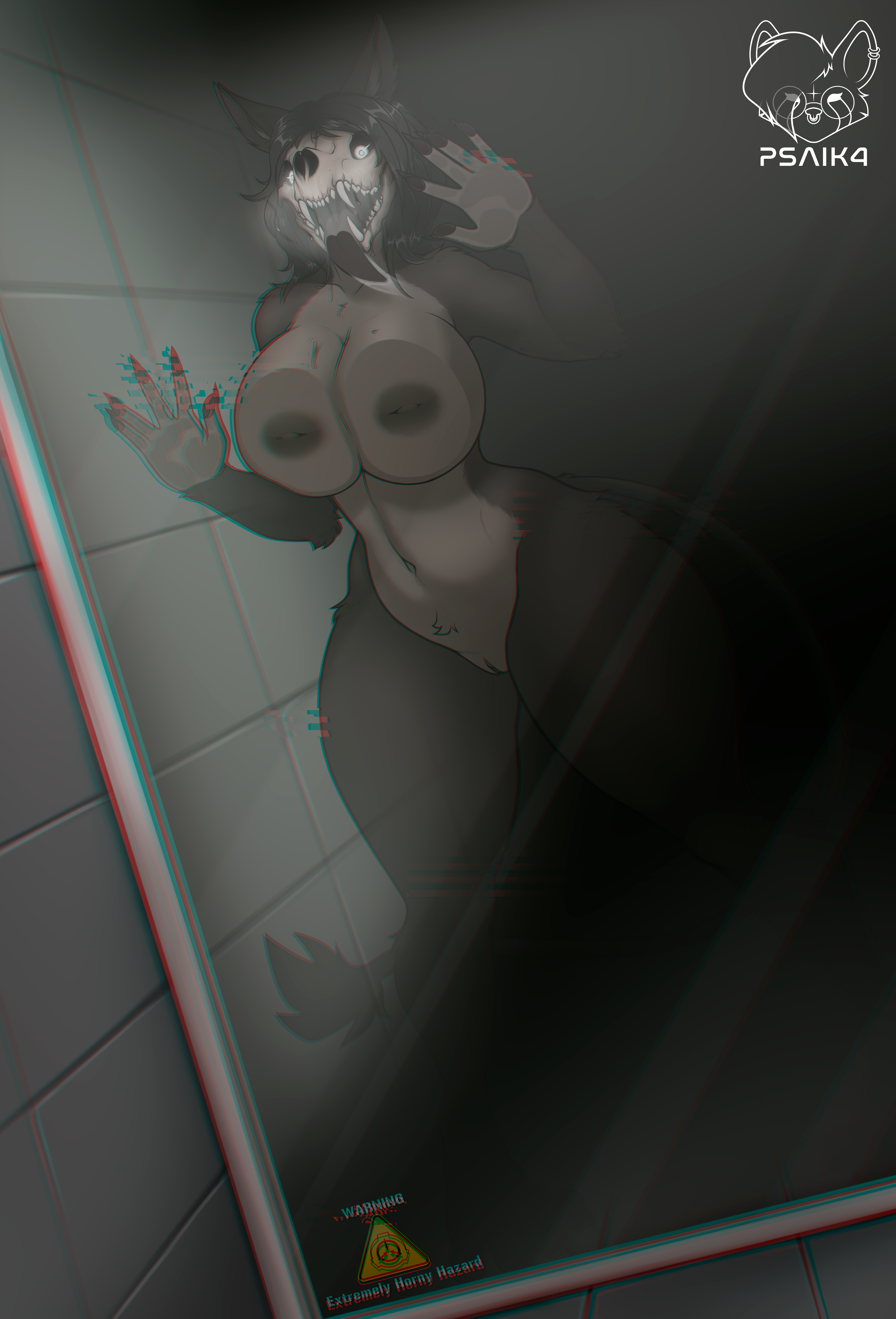 absurd res, anthro, areola, big breasts, black body, black fur, black hair, bodily fluids, bone, breasts, canid, canine, digital media (artwork), female, fur, genitals, glass, hair, hi res, huge breasts, looking at viewer, mal0, malo, mammal, monster, nipples, nude, open mouth, psaik4, pussy, saliva, scp foundation, scp-1471, scp-1471-a, skull, skull head, solo, text, thick thighs, tongue, tongue out, wide hips
