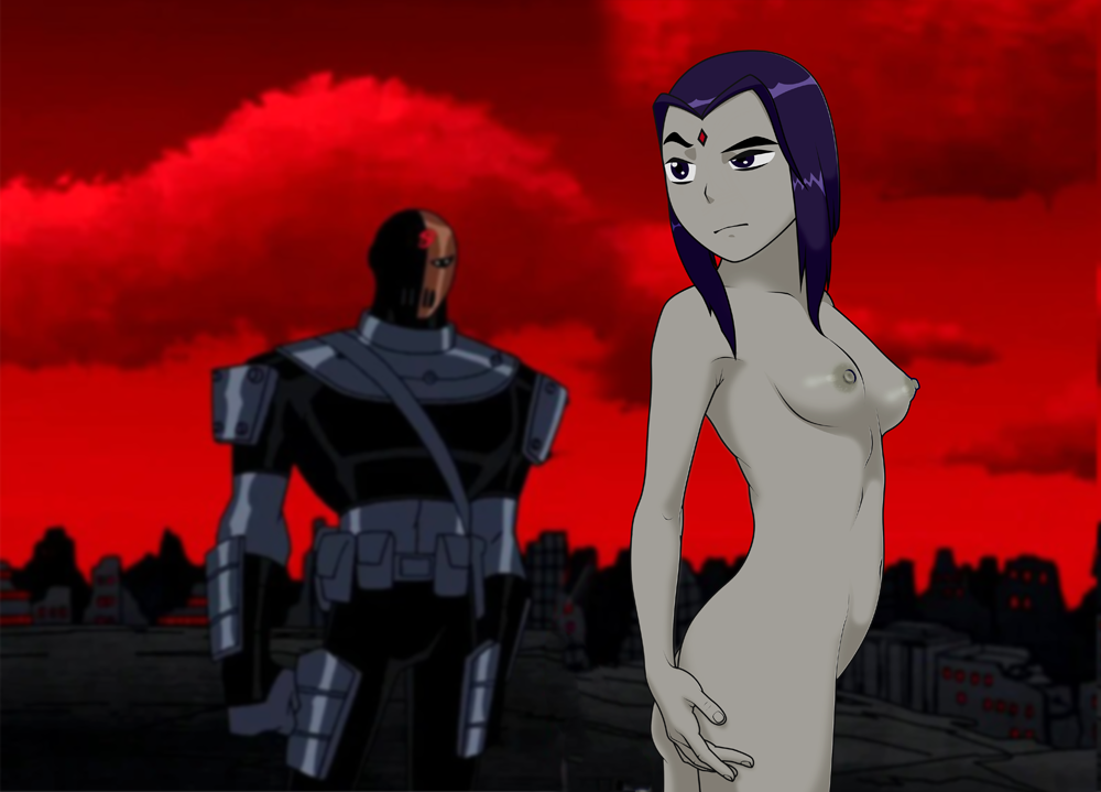 1boy 1girls anaxus ass breasts casual_nudity dc dc_comics deathstroke female_focus hand_on_own_ass looking_back naked nipples nude nude_female one_eye_half-closed rachel_roth raven_(dc) screenshot screenshot_edit slade_wilson solo_focus standing teen_titans