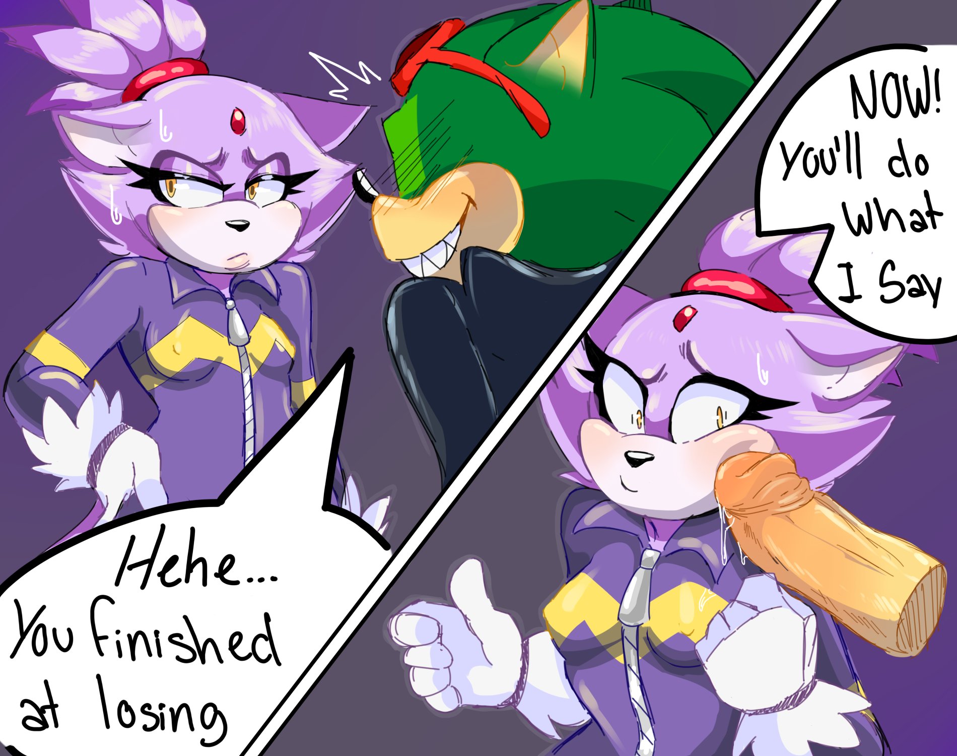 anthro only, blaze the cat, dripping, eyeless male, female, forced, genital fluids, hedgehog, lost bet, male, mayghely, mobian (species), precum, presenting, scourge the hedgehog, shy, sonic (series), sonic the hedgehog (archie), sonic the hedgehog (comics), sonic the hedgehog (series), surprised, teasing