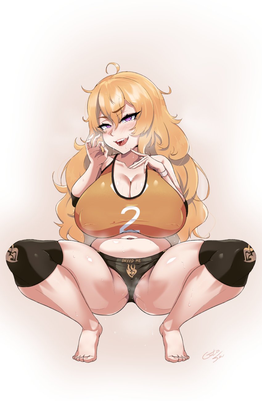 1girls, blonde, blonde female, blonde hair, blonde-haired female, breasts, female, gym uniform, huge breasts, light skin, light-skinned female, long hair, purple eyes, rwby, solo, solo female, sweat, thick thighs, wide hips, yang xiao long