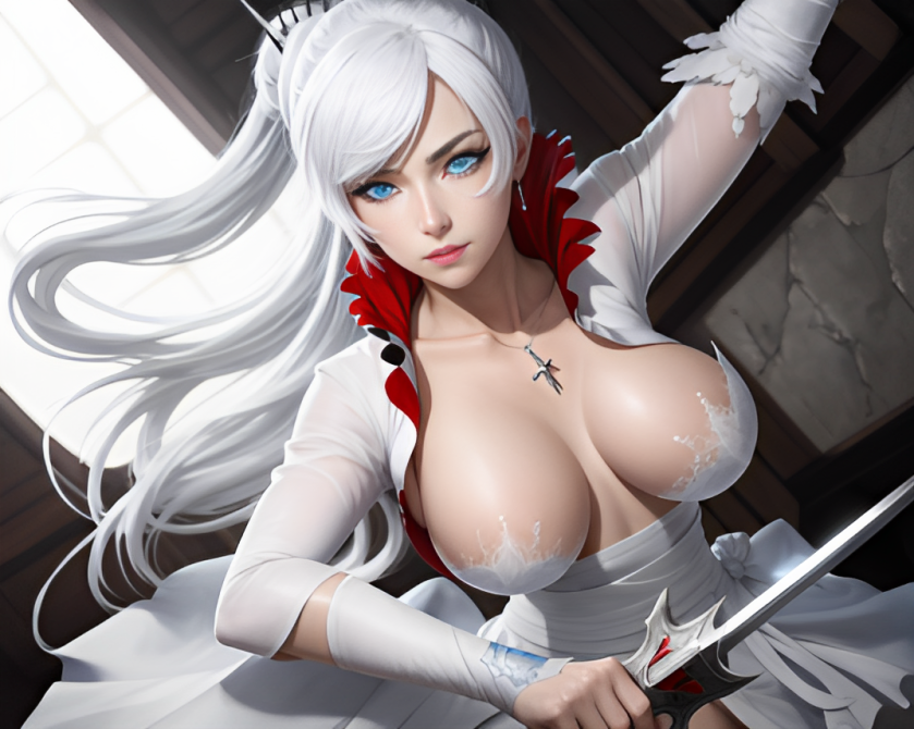 1girls ai_generated blouse blue_eyes bra clothing crown earrings female_focus jewelry lips long_hair looking_at_viewer myrtenaster necklace open_shirt ponytail rapier royalty rwby sword toastiness weapon weiss_schnee white_gloves white_hair white_shirt wooden_wall