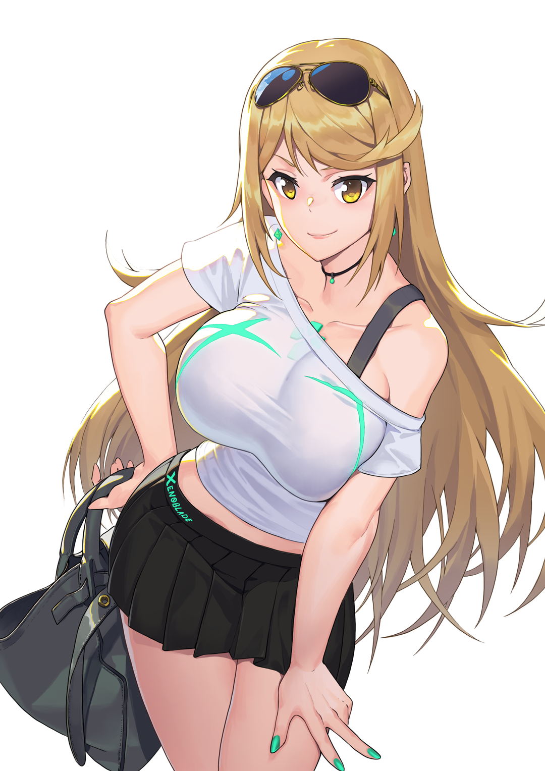 1girls bag black_skirt blonde_hair breasts choker core_crystal crop_top earrings holding_bag large_breasts long_hair looking_at_viewer madyy midriff mythra nintendo painted_fingernails skirt sunglasses sunglasses_on_head white_crop_top xenoblade_(series) xenoblade_chronicles_2 yellow_eyes