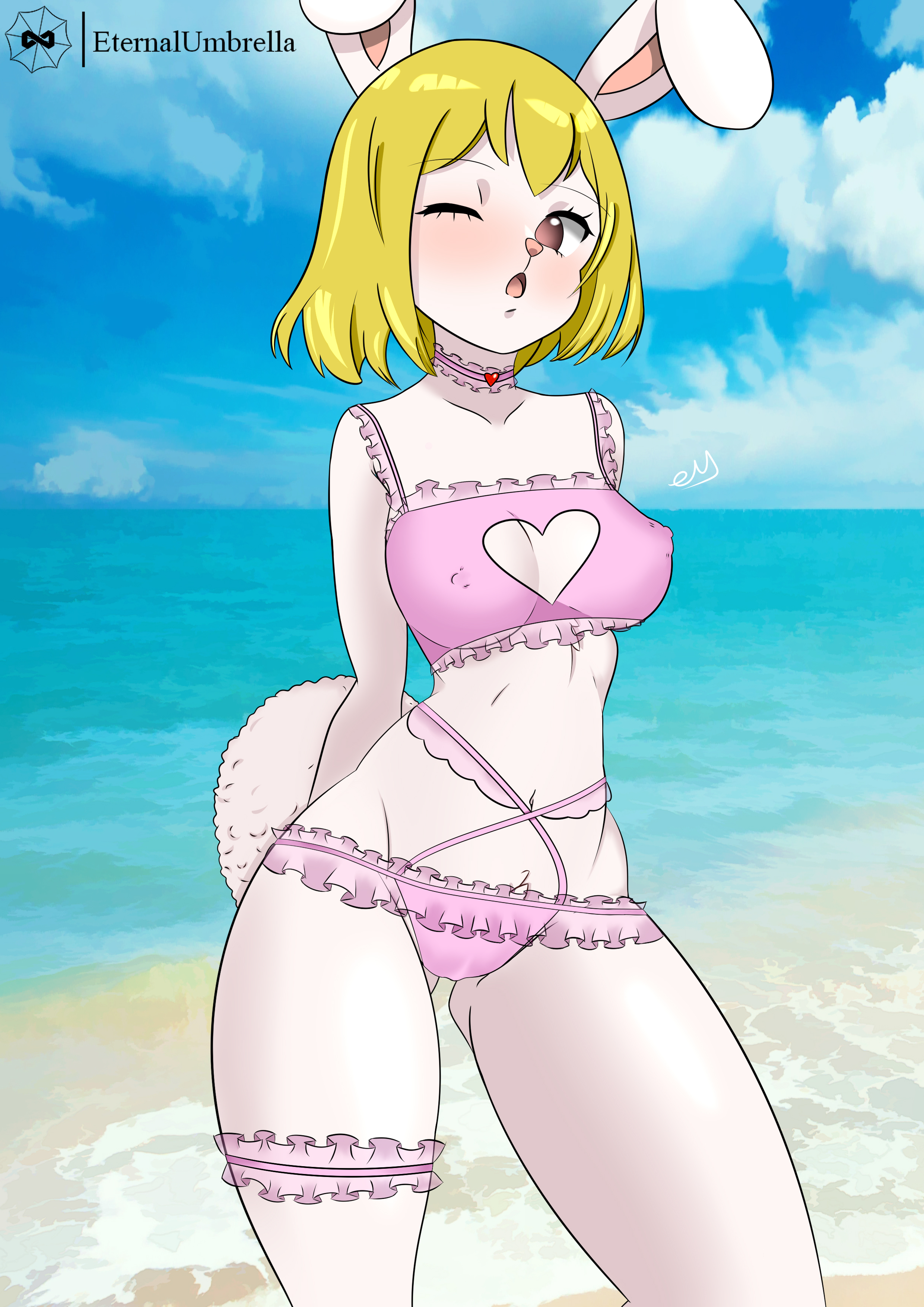 1girls, anthro, beach, blonde hair, bra, breasts, brown eyes, carrot (one piece), choker, clothing cutout, clouds, eternalumbrella, female, female only, heart cutout, large breasts, lingerie, looking at viewer, midriff, navel, nipple bulge, ocean, one eye closed, one piece, outside, panties, pink bra, pink lingerie, pink panties, rabbit, rabbit ears, rabbit girl, rabbit tail, sand, short hair, sky, thigh strap, water