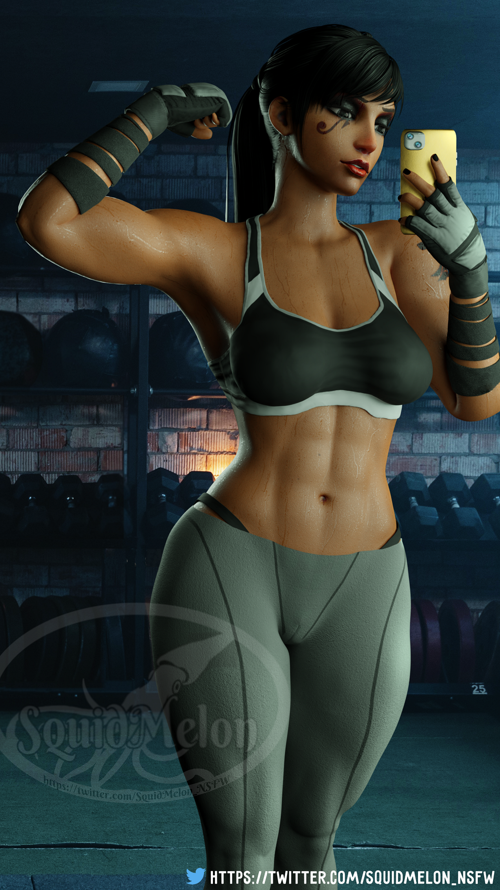 3d abdomen abdominals abs armpit armpits belly_button big_breasts black_bra black_hair black_nails blender blender_cycles blizzard_entertainment bra brown_eyes busty camel_toe cameltoe clavicle cum_gutters dark_skin egyptian egyptian_female eyeshadow fareeha_amari fit fit_female fitness fitness_model flexing gloves grey_pants gym hips large_breasts leggings lips makeup midriff mirror mirror_selfie muscles muscular muscular_female overwatch overwatch_2 panties pharah phone phone_camera ponytail selfie selfie_pose skin_tight sports_bra sportswear squidmelon strong strong_woman sweat sweating tan_body tattoo tattoos thick_thighs thong tight_clothes tight_clothing tight_pants tights weights whale_tail workout workout_clothes workout_clothing wrapped_arms wrappings yoga_pants