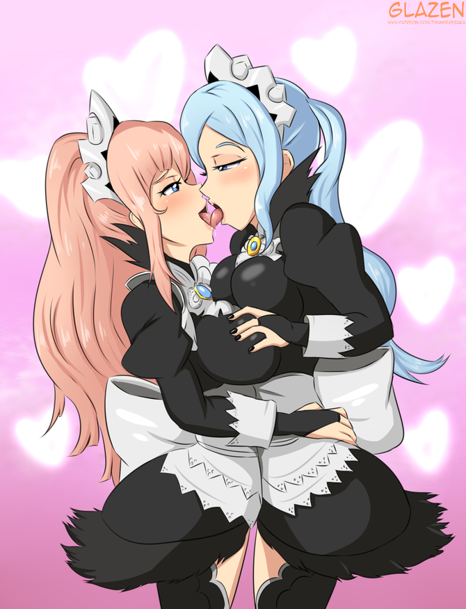 2girls apron asymmetrical_docking bare_thighs black_nails blue_eyes blue_hair breast_grab breast_press breasts felicia_(fire_emblem) female female_only fire_emblem fire_emblem_fates flora_(fire_emblem) french_kiss glazinbuns groping hand_on_another's_breast hug incest inner_thighs kissing large_breasts maid maid_apron maid_headdress maid_uniform multiple_girls nail_polish nintendo pink_hair ponytail siblings sister sisters thighhighs thighs tongue tongue_out twincest twins twintails yuri