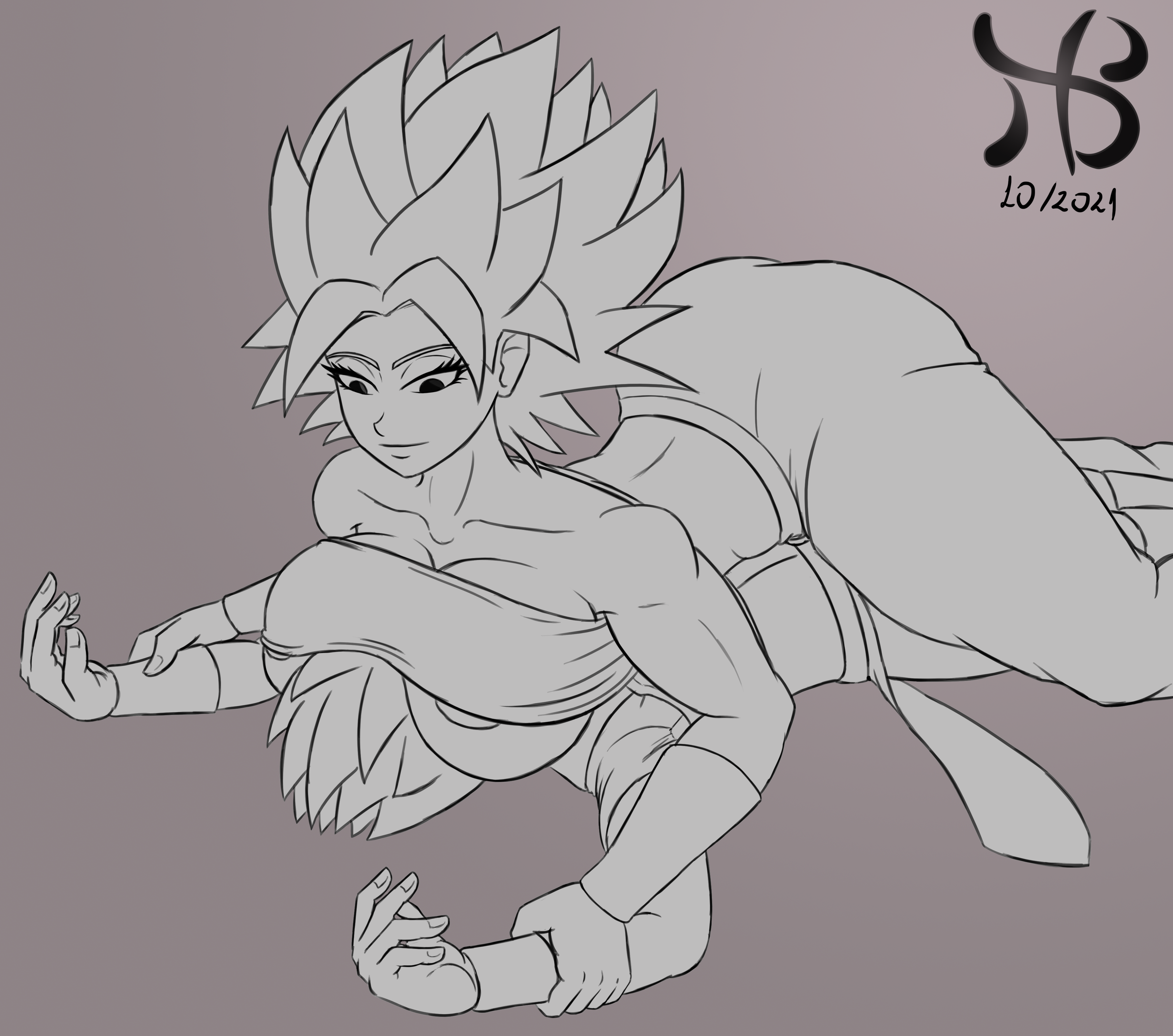 1boy, 1girls, areola slip, areolae, ass, bangs, bare shoulders, barely contained, big ass, big breasts, black eyes, black hair, breast smother, breasts, cabba, caulifla, cleavage, clothes, dominant female, dragon ball, dragon ball super, dragon ball z, face in breasts, female, greyscale, hiastobasement (artist), large breasts, looking at another, looking down, male, monochrome, on top, overflowing breasts, pinned, pinned down, saiyan, short hair, smile, smothering, spiky hair, straight, submissive male, thick thighs, toned, toned female, tubetop, underboob, watermark, wristband