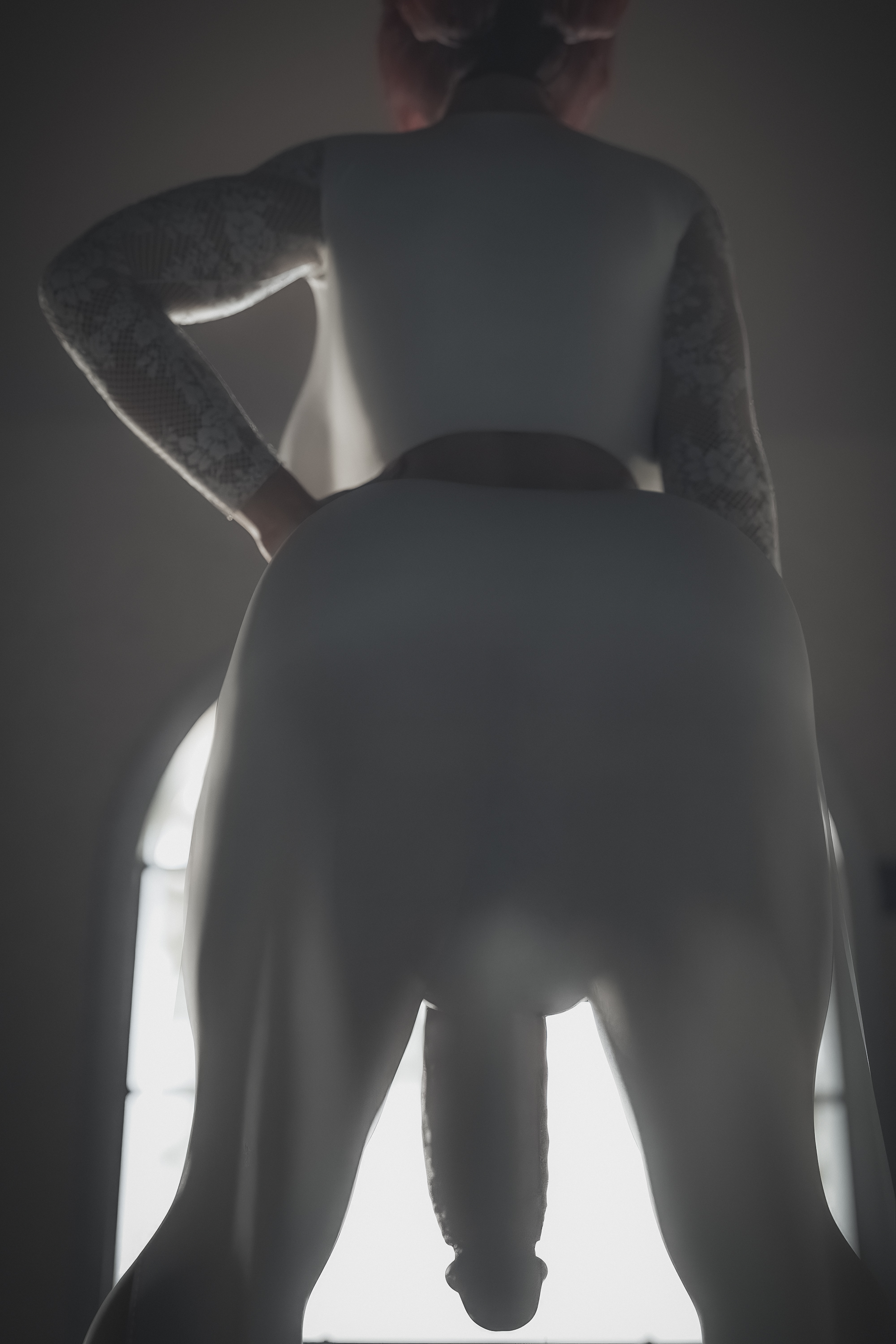 1futa, 3d, ass, backboob, big breasts, big penis, breasts, clothed, flaccid, from behind, futa only, futanari, hi res, highres, hourglass figure, huge ass, huge cock, indoors, ineffective clothing, intersex, low-angle view, penis, penis under clothes, red hair, see-through, solo, standing, stevencarson, the witcher (series), the witcher 3: wild hunt, thick thighs, triss merigold, wide hips